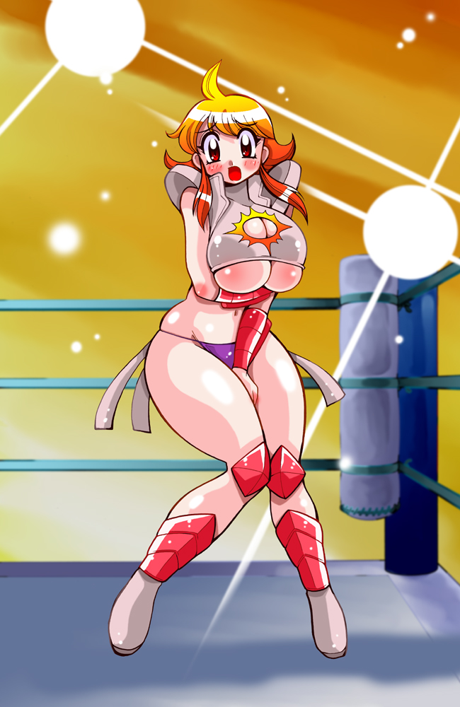 kawamoto hiroshi, 1girl, ahoge, blush, boots, breasts, cleavage, cleavage cutout, clothing cutout, embarrassed, grey boots, grey shirt, huge breasts, knee pads, looking at viewer, midriff, navel, open mouth, orange hair, panties, purple panties, red eyes, shirt, short hair, sleeveless, sleeveless shirt, sparkle, underboob, underwear, wrestler, wrestling ring
