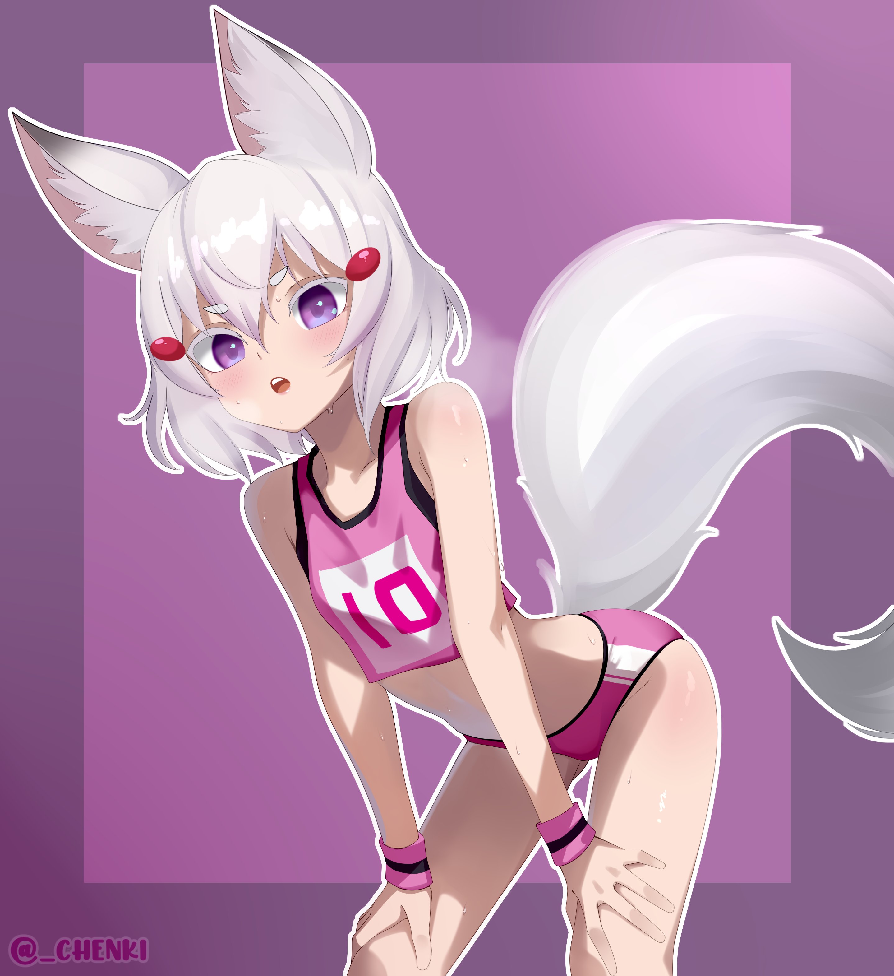 chenki (chenki), tenma maemi, phase connect, absurdres, commentary request, highres, paid reward available, 1girl, animal ears, breasts, buruma, fox ears, fox girl, fox tail, hair ornament, leaning forward, looking at viewer, purple eyes, small breasts, solo, sweat, tail, white hair