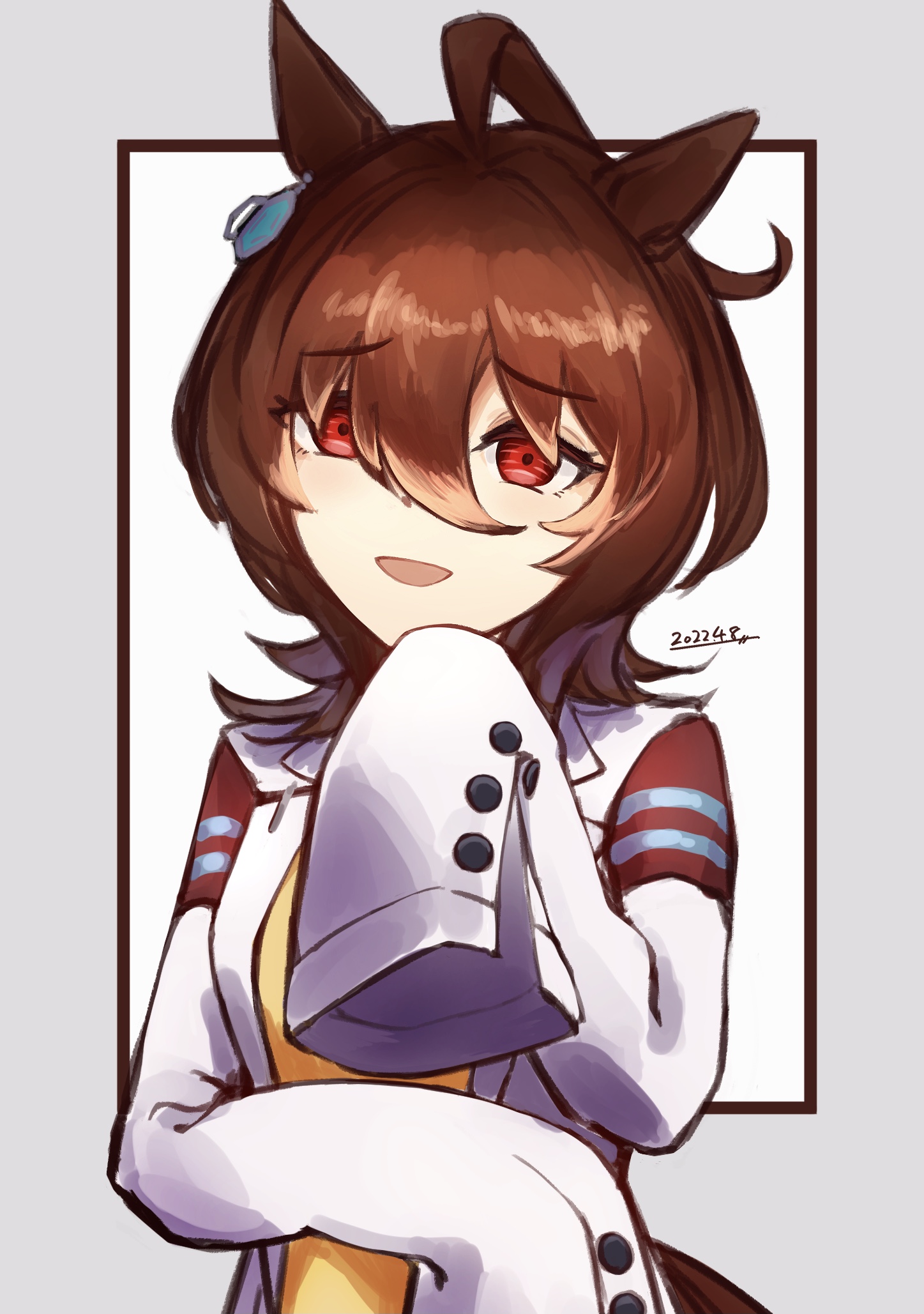 agnes tachyon (tach-nology) (umamusume), agnes tachyon (umamusume), umamusume, commentary, commentary request, english commentary, highres, mixed-language commentary, 1girl, 253 bcl 24282, ahoge, animal ears, chemical structure, coat, dated, ear ornament, earrings, furrowed brow, hair between eyes, horse ears, horse girl, horse tail, huge ahoge, jewelry, lab coat, open clothes, open coat, parted lips, pen, single earring, sleeves past fingers, sleeves past wrists, smile, solo, sweater, tail, white coat, yellow sweater