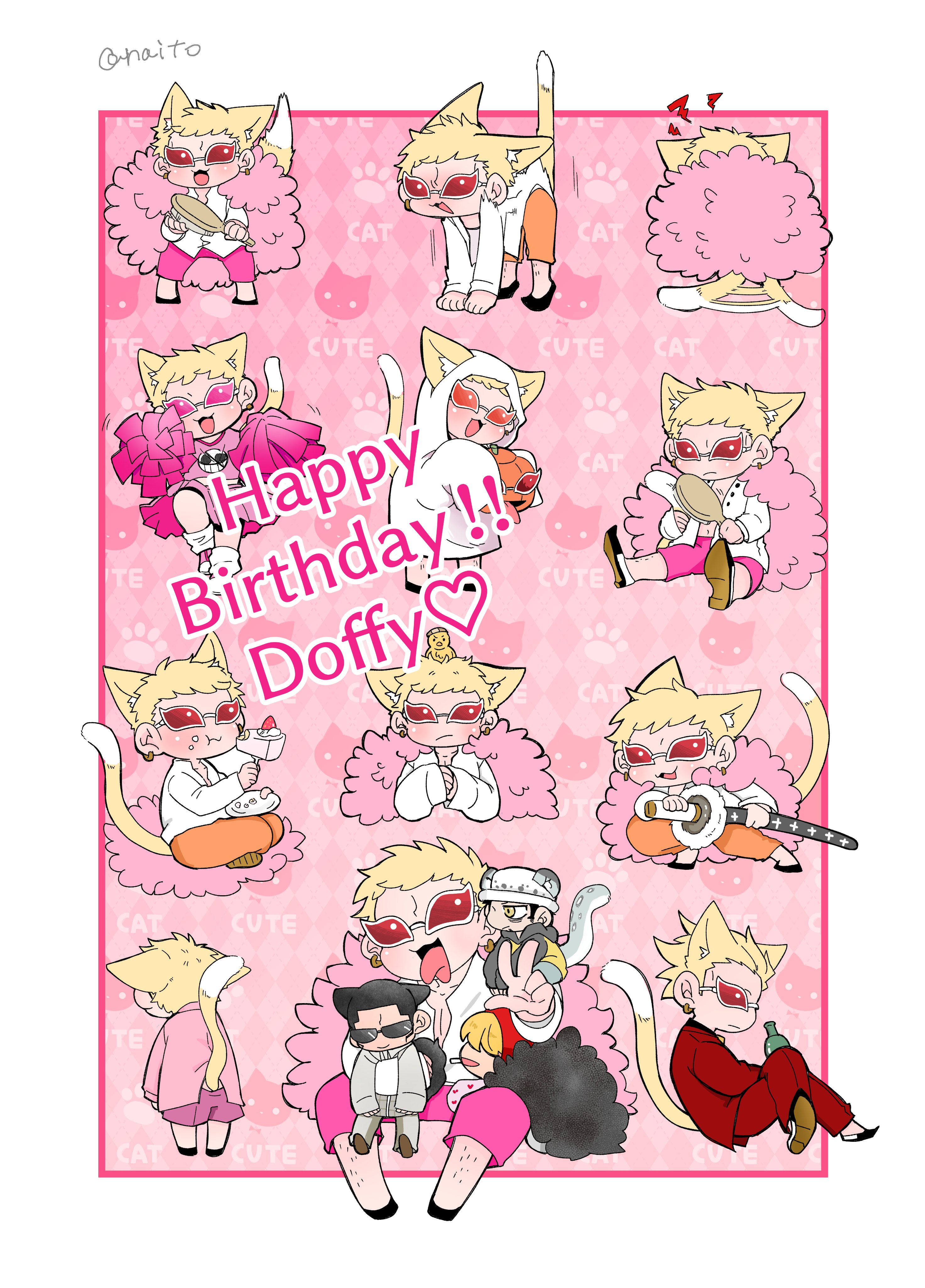 donquixote doflamingo, donquixote rocinante, trafalgar law, vergo (one piece), one piece, absurdres, highres, 4boys, baby animal, bird, birthday cake, black coat, black hair, blonde hair, bottle, cake, cat boy, chibi, chick, coat, earrings, eating, food, formal clothes, ghost costume, happy birthday, holding, holding bottle, holding brush, holding sword, holding weapon, jewelry, leg hair, multiple boys, naito op, pink coat, pink shirt, pom pom (cheerleading), pumpkin, red suit, shirt, short hair, smile, suit, sunglasses, sword, tongue, tongue out, v, variations, weapon, white shirt, yellow eyes
