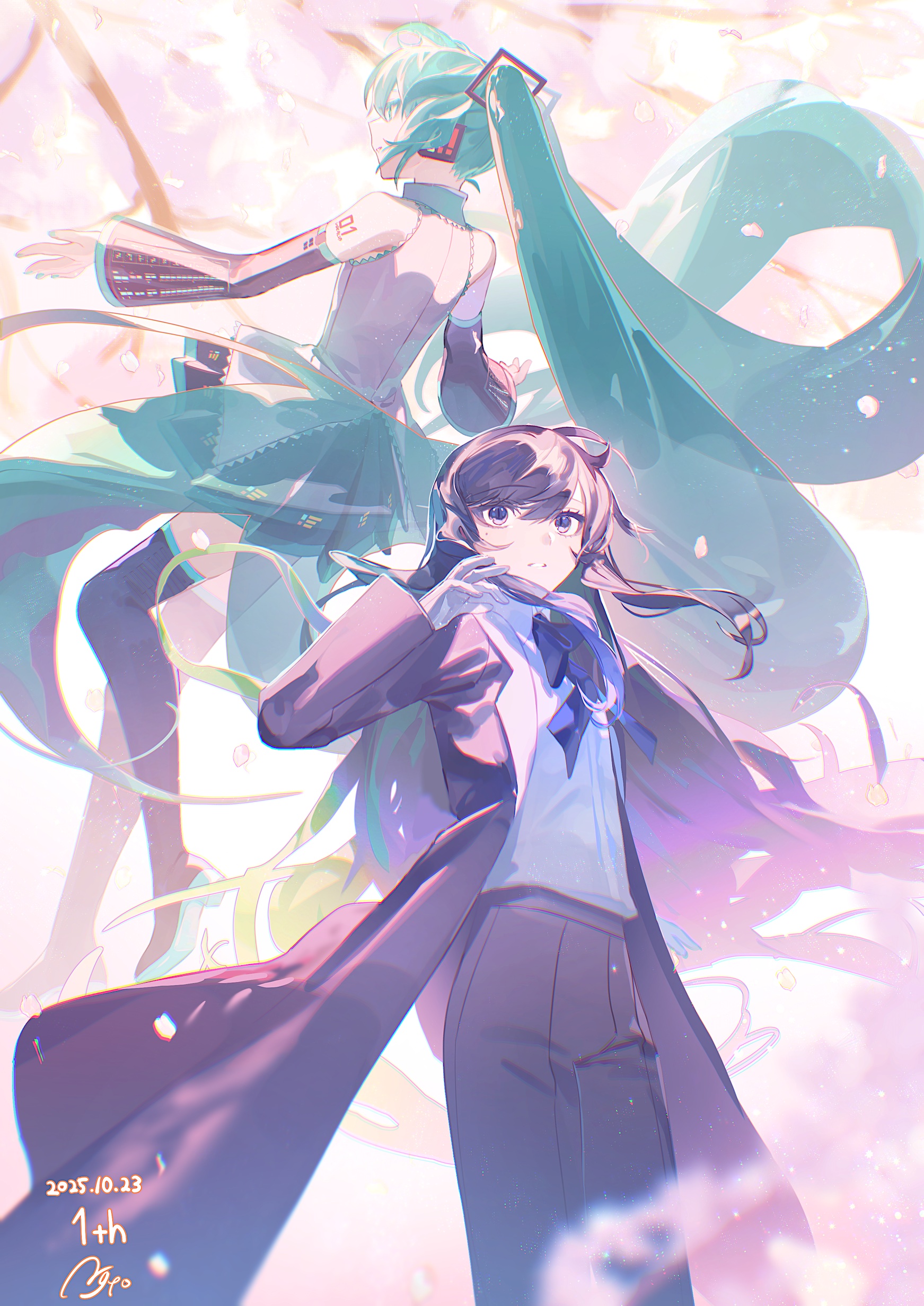 agyou sonokou l, chando (ado), hatsune miku, ado (utaite), vocaloid, absurdres, commentary request, highres, 2girls, aqua hair, black coat, black hair, black pants, black skirt, blue hair, closed mouth, coat, dated, detached sleeves, falling petals, floating hair, grey shirt, light particles, long hair, multiple girls, open clothes, open coat, pants, petals, purple eyes, shirt, skirt, sleeveless, sleeveless shirt, twintails, utaite, very long hair