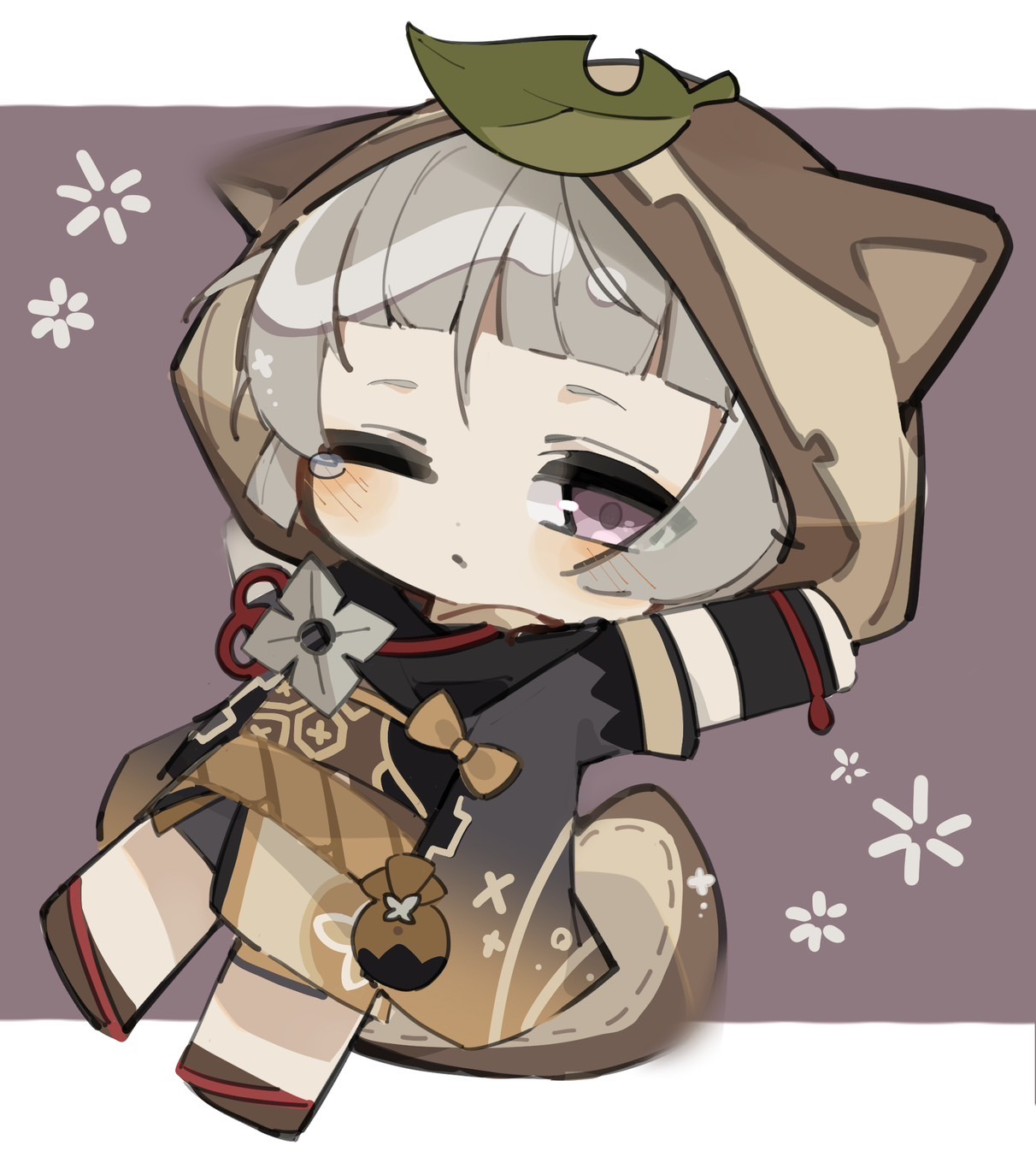 sinon 0819, sayu (genshin impact), genshin impact, highres, 1girl, animal ears, animal hood, black gloves, blunt bangs, chibi, chibi only, fake animal ears, fingerless gloves, gloves, grey hair, hood, japanese clothes, leaf, leaf on head, looking at viewer, one eye closed, purple eyes, raccoon ears, raccoon tail, short hair, solo, tail