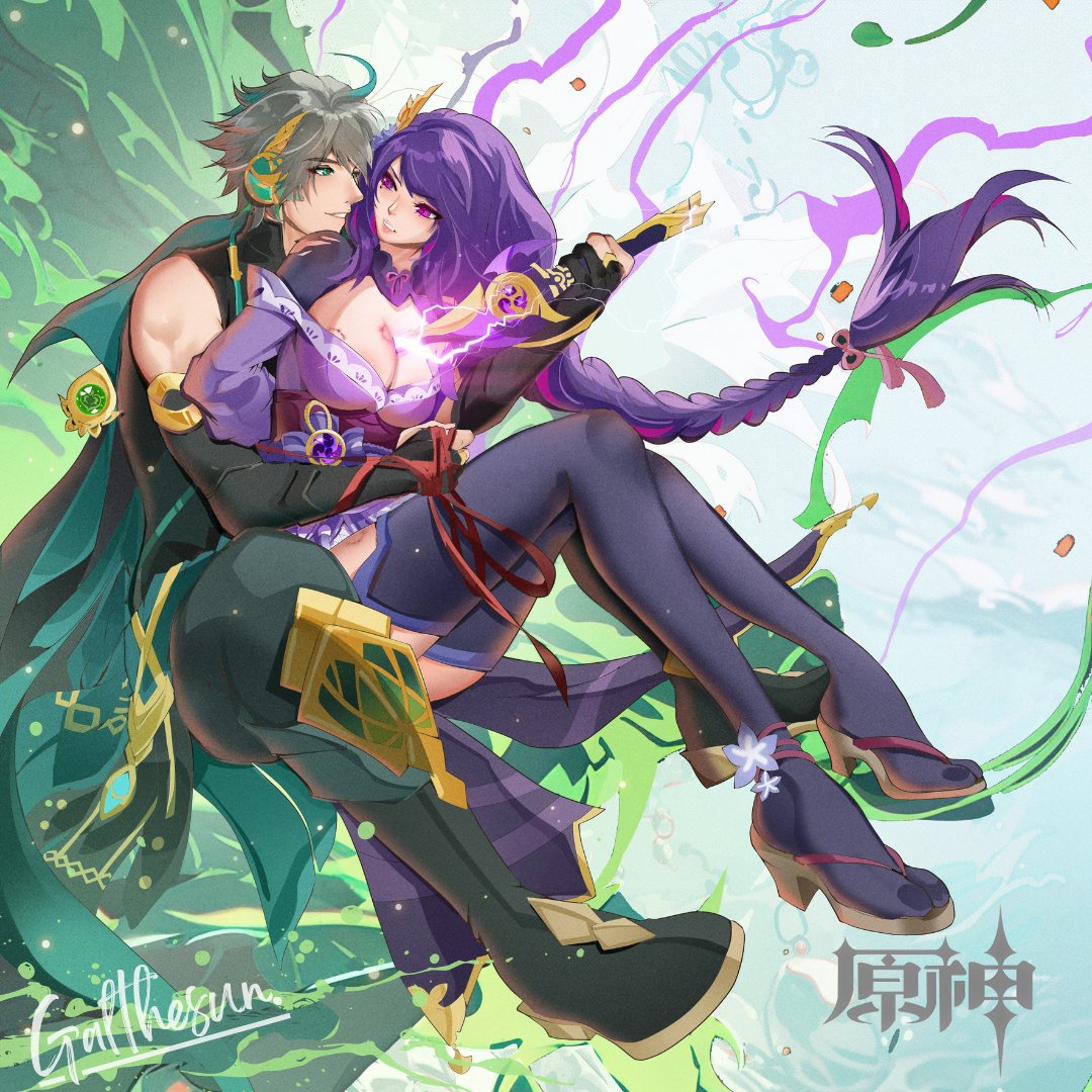 alhaitham (genshin impact), raiden shogun, genshin impact, mixed-language commentary, 1boy, 1girl, abstract background, ahoge, ancient egyptian clothes, anklet, artist name, bare shoulders, bite mark, bite mark on breast, black tank top, blue sky, blunt bangs, boots, braid, breasts, bridal gauntlets, capelet, chinese text, cleavage, cloud, cloudy sky, collared capelet, couple, day, drawing sword, electricity, floating, floating hair, flower, friends, from side, full body, galthesun, green capelet, green eyes, grey hair, hair floating upwards, hair flowing over, hair ornament, hair ribbon, head tilt, headpiece, hetero, hickey, holding, holding sword, holding weapon, hug, hug from behind, huge ahoge, huge breasts, human scabbard, japanese clothes, jewelry, katana, kimono, leaning back, leaning on person, long braid, long hair, looking at another, looking to the side, mitsudomoe (shape), multicolored hair, muscular, muscular male, musou isshin (genshin impact), neck ribbon, off shoulder, outdoors, pants, parted lips, pink lips, powering up, purple flower, purple kimono, purple ribbon, purple thighhighs, red ribbon, red sash, ribbon, sash, shade, shirt, short hair, signature, single braid, sky, sleeveless, sleeveless shirt, streaked hair, sword, sword between breasts, tank top, teeth, thighhighs, thighs, tomoe (symbol), weapon
