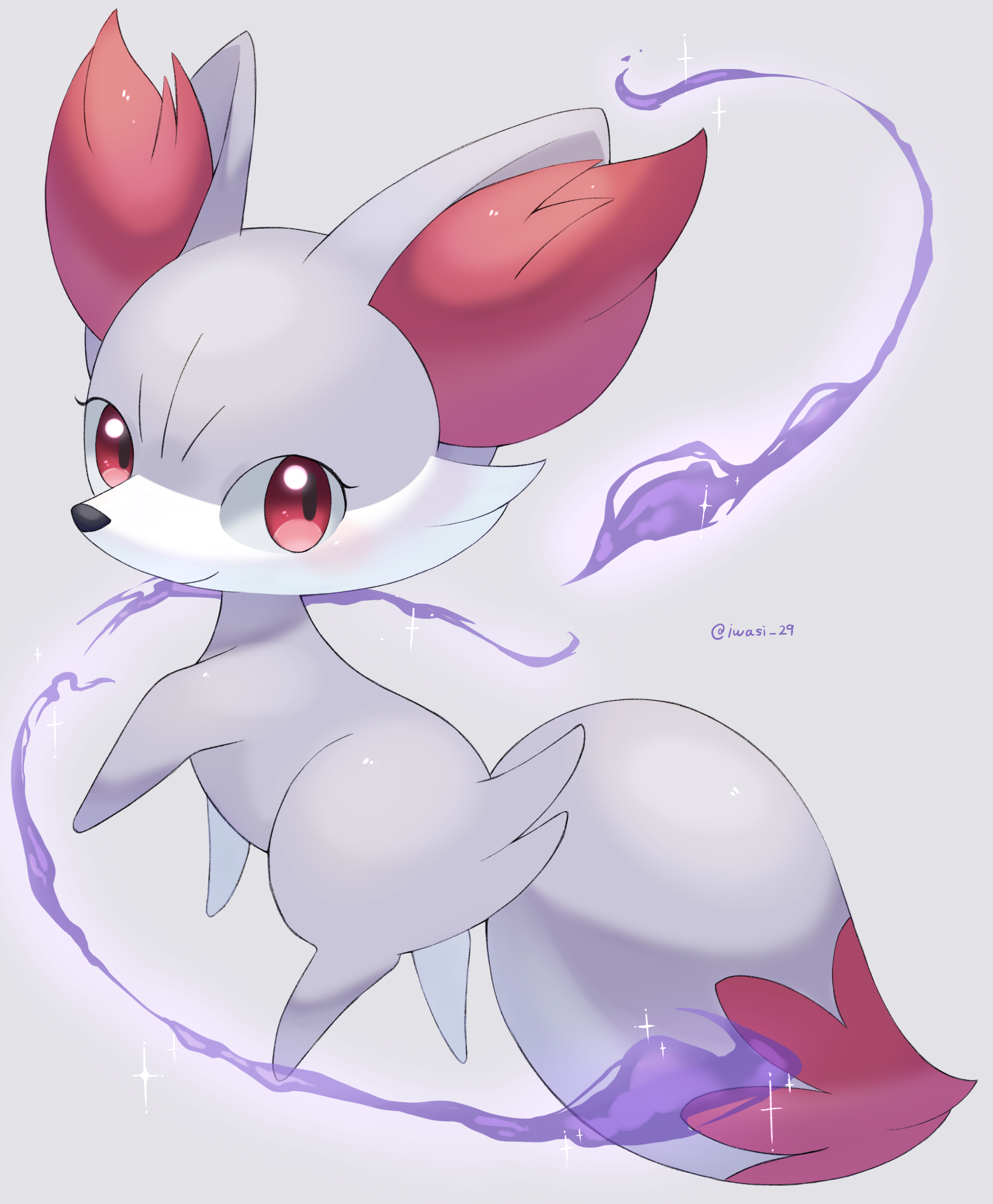 iwasi 29, fennekin, nintendo, pokemon, commentary request, highres, alternate color, animal focus, artist name, aura, closed mouth, gen 6 pokemon, grey background, grey fur, looking back, no humans, pokemon (creature), red eyes, shiny pokemon, simple background, smile, snout, sparkle, tail, twitter username, walking