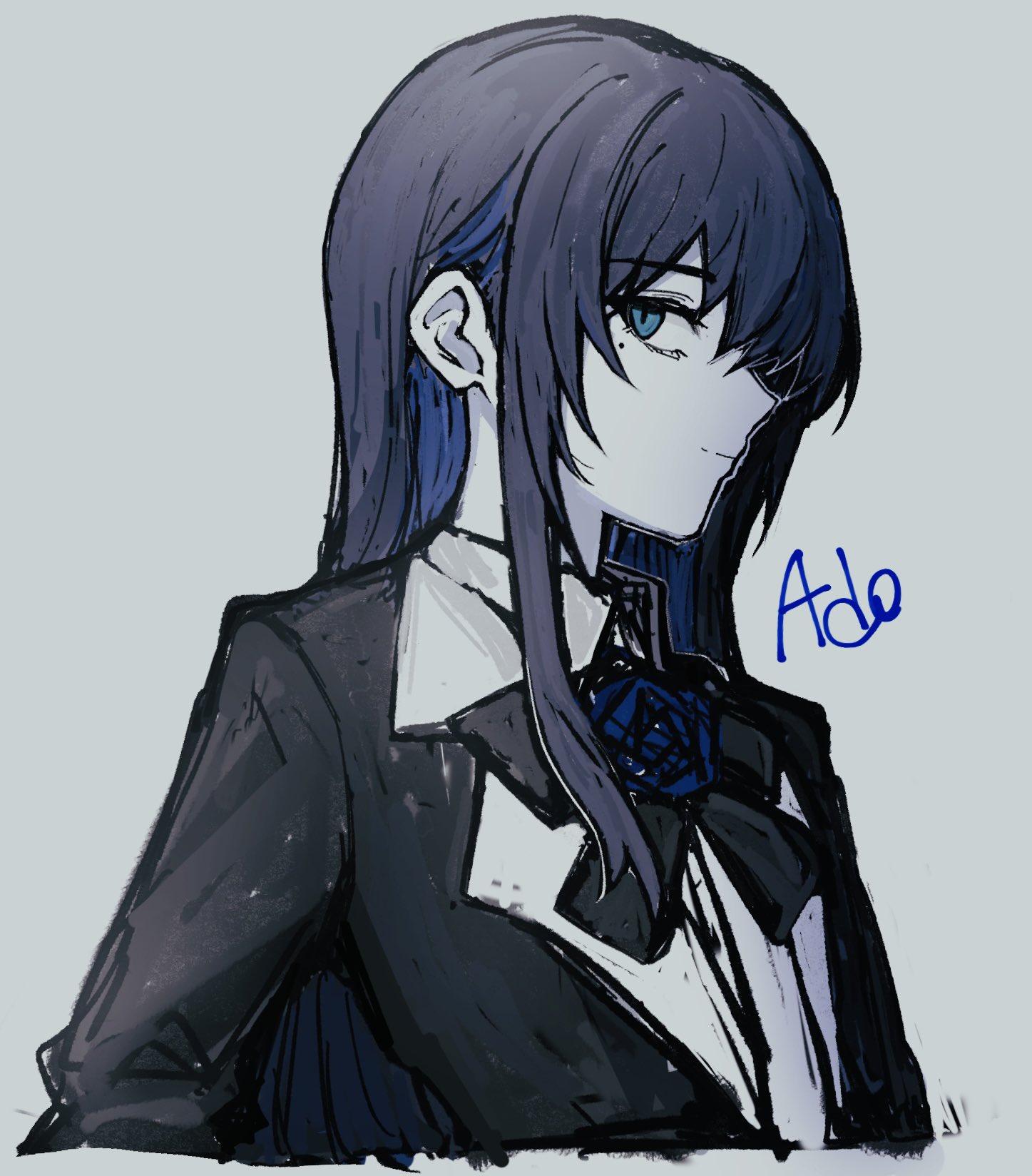 n nai nai n, chando (ado), ado (utaite), commentary, hashtag-only commentary, highres, 1girl, black bow, black bowtie, black hair, blue eyes, blue hair, bow, bowtie, character name, closed mouth, colored inner hair, grey background, grey hair, long hair, mole, mole under eye, multicolored hair, sidelocks, simple background, solo, upper body, utaite