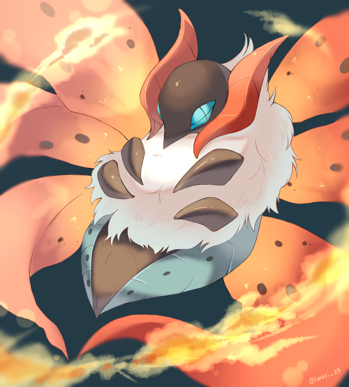 iwasi 29, volcarona, nintendo, pokemon, commentary request, highres, animal focus, artist name, blue eyes, bug, cross-shaped pupils, fire, floating, gen 5 pokemon, green background, insect, moth, multiple wings, no humans, pokemon (creature), simple background, symbol-shaped pupils, twitter username, white fur, wings