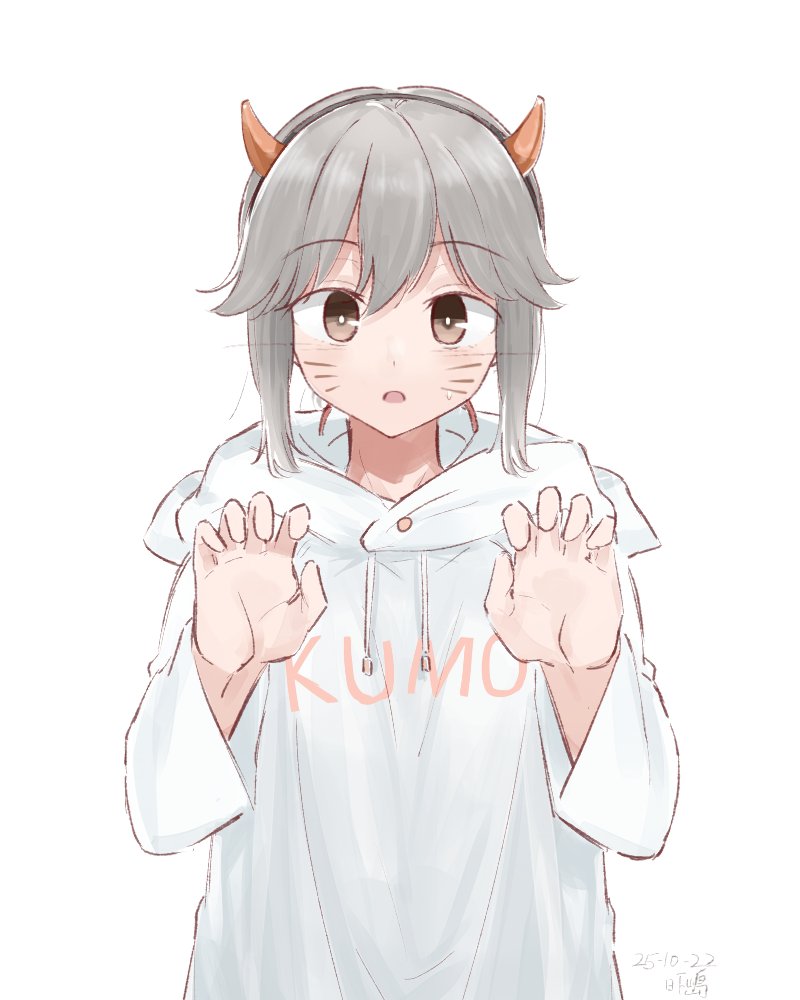 hikashima (shiofune), usugumo (kancolle), kantai collection, 1girl, brown eyes, curled fingers, demon horns, fake horns, grey hair, hood, hooded sweater, hoodie, horns, long hair, looking at viewer, sidelocks, simple background, solo, sweater, upper body, whiskers, white background, white hoodie, white sweater
