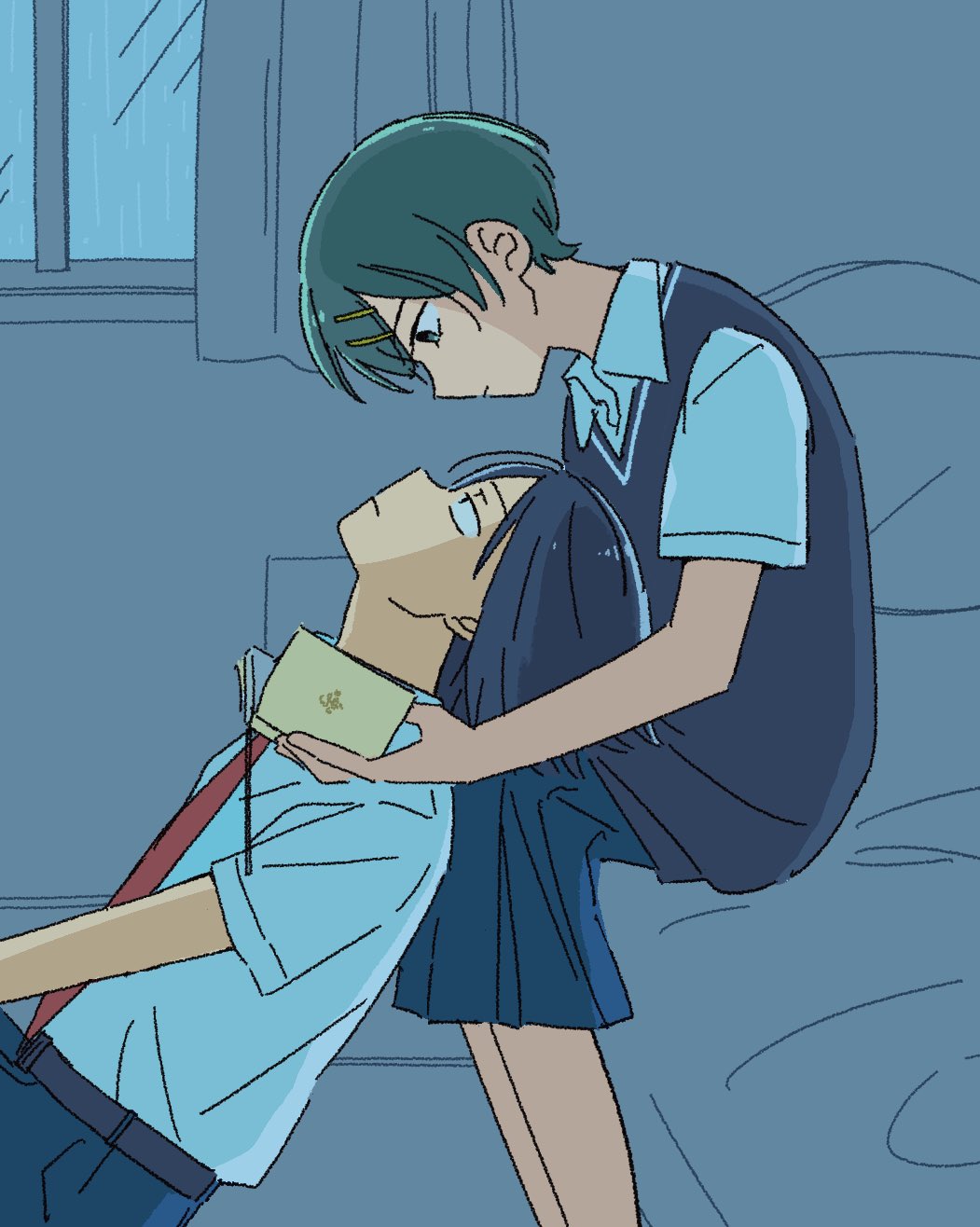 ame (ameno ko), kouyama rin, taguchi ryuuya, futsuu no keion-bu, commentary, highres, 1boy, 1girl, aqua eyes, aqua hair, bed, bedroom, belt, black eyes, black hair, black sweater vest, blue pants, blue skirt, book, collared shirt, cousins, curtains, dress shirt, eye contact, feet out of frame, hair ornament, hairpin, head back, head down, holding, holding book, indoors, leaning on person, looking at another, necktie, on bed, on floor, pants, pleated skirt, rain, red necktie, school uniform, shirt, short hair, short sleeves, sitting, skirt, sweater vest, white shirt, window