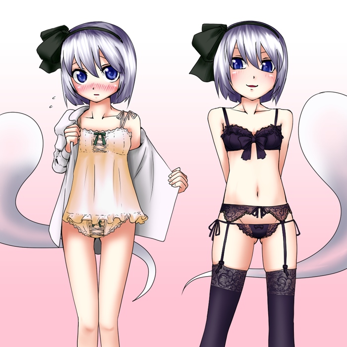 kirisaki akihito, konpaku youmu, konpaku youmu (ghost), touhou, silver hair, bad id, bad pixiv id, 2girls, blue eyes, blush, bra, camisole, clone, dual persona, female focus, flat chest, garter belt, ghost, hairband, hitodama, lingerie, lowleg, lowleg panties, multiple girls, panties, ribbon, short hair, side-tie panties, thigh gap, thighhighs, thighs, underwear, underwear only