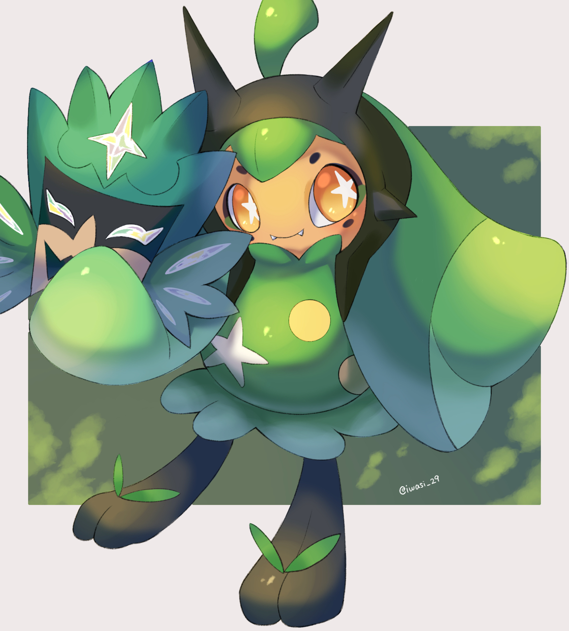 iwasi 29, ogerpon, ogerpon (teal mask), nintendo, pokemon, commentary request, highres, artist name, border, bright pupils, closed mouth, dark skin, fangs, green background, outside border, pokemon (creature), standing, star-shaped pupils, star (symbol), symbol-shaped pupils, twitter username, white border