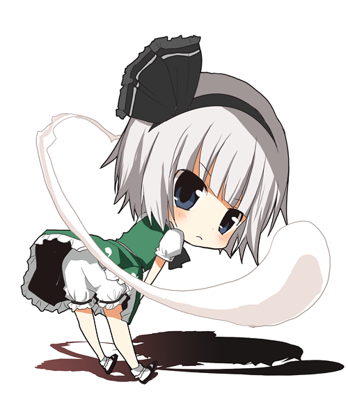 kurot, konpaku youmu, konpaku youmu (ghost), touhou, bad id, bad pixiv id, 1girl, bloomers, blue eyes, blush, chibi, clothes lift, female focus, grey hair, hairband, hitodama, short hair, skirt, skirt lift, solo, underwear