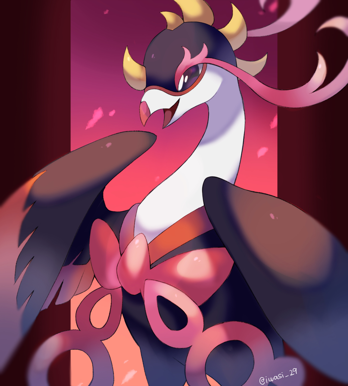iwasi 29, fezandipiti, nintendo, pokemon, commentary request, highres, animal focus, artist name, bird, black eyes, gradient background, no humans, open mouth, pillarboxed, pink background, pokemon (creature), twitter username, wings