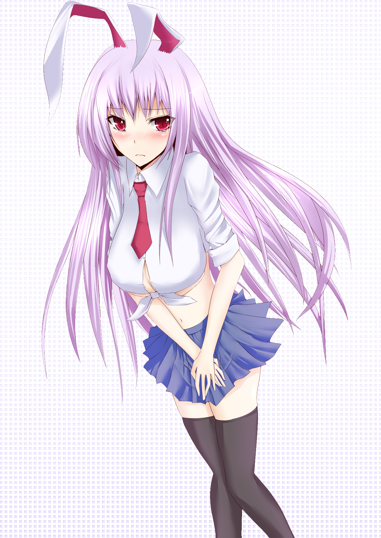 kagami-c, ume itoguchi retto, umeo retto, reisen udongein inaba, touhou, bad id, bad pixiv id, highres, 1girl, animal ears, blush, breasts, cleavage, female focus, front-tie top, long hair, midriff, miniskirt, purple hair, rabbit ears, red eyes, skirt, sleeves rolled up, solo, tears, thighhighs, zettai ryouiki