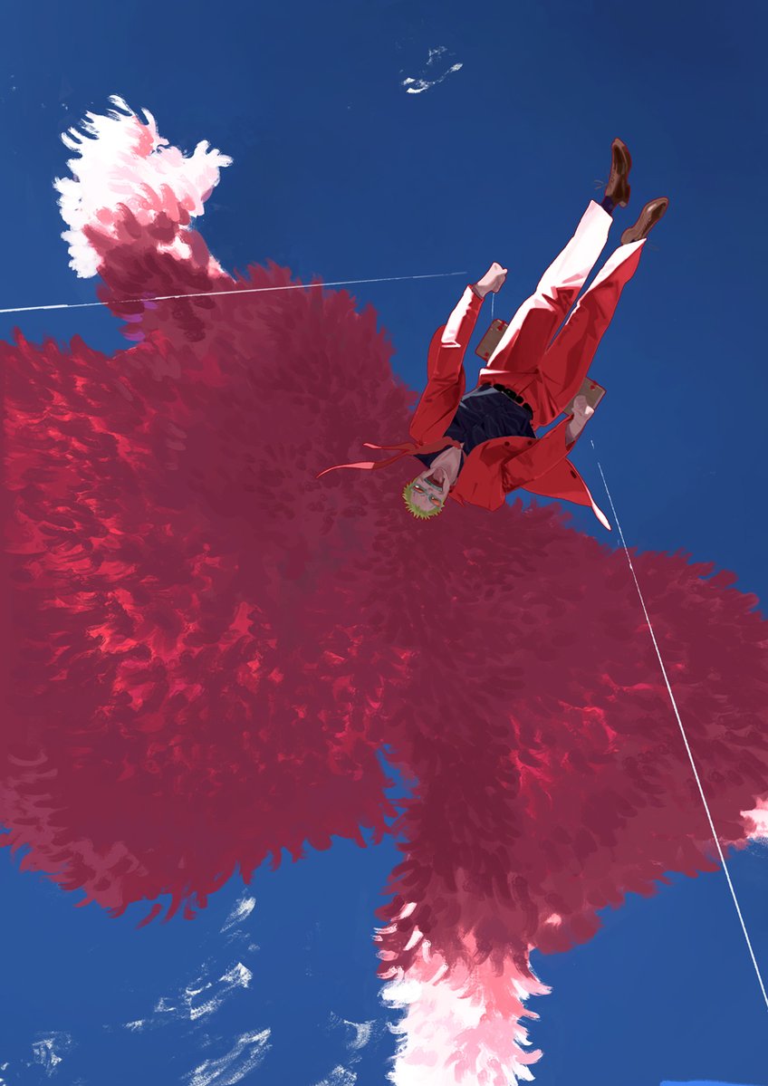 donquixote doflamingo, one piece, official art, 1boy, black shirt, blue background, coat, earrings, flying, formal clothes, impossible clothes, jewelry, male focus, necktie, open mouth, pants, pink coat, red necktie, red pants, red suit, shirt, suit, sunglasses, thread, tongue, tongue out, upside-down