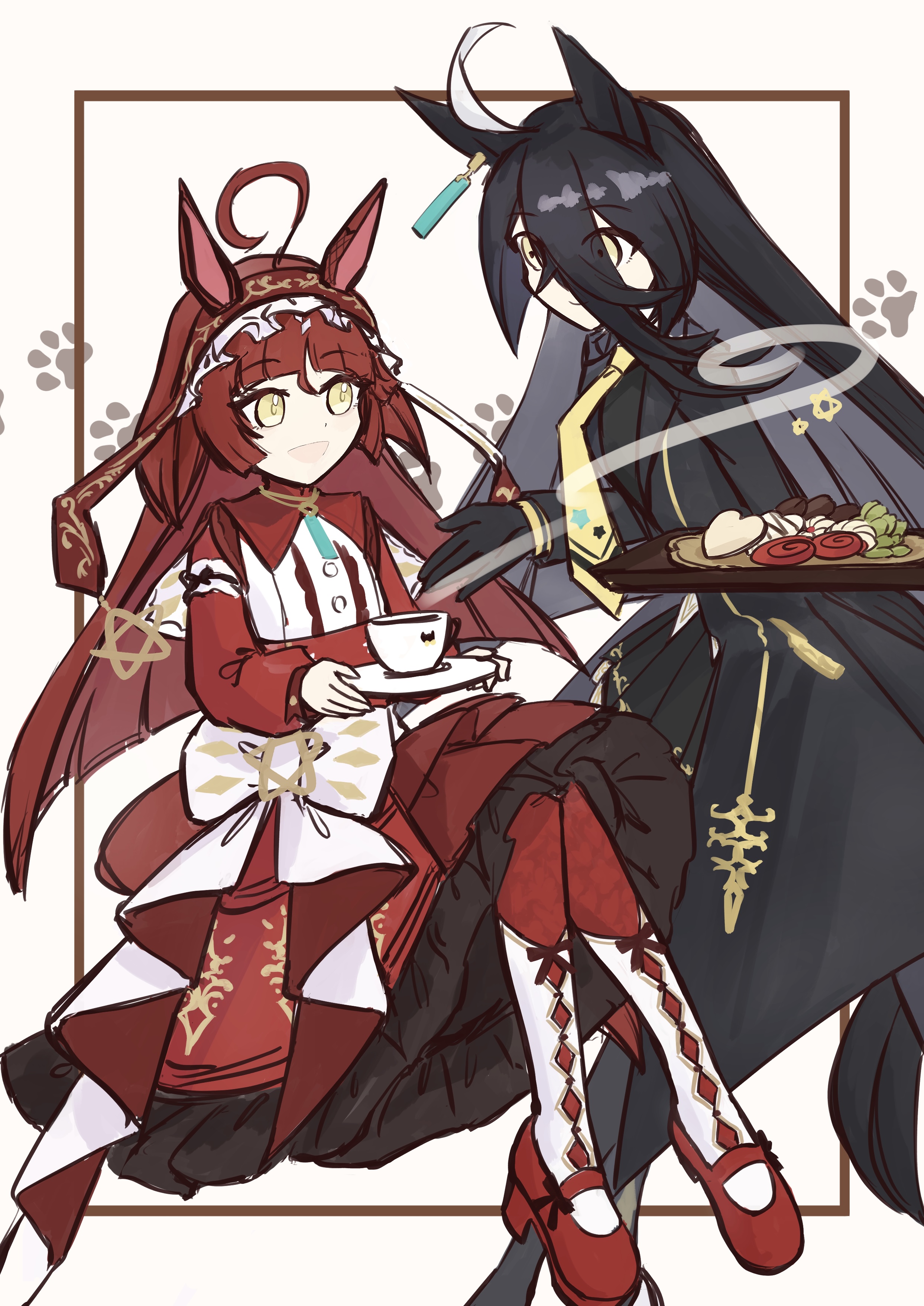 manhattan cafe (umamusume), red desire (umamusume), umamusume, absurdres, highres, 253 bcl 24282, 2girls, ahoge, animal ears, black coat, black gloves, black skirt, black vest, blunt bangs, blunt ends, coat, cookie, crisis moon compact, cup, dress, food, gloves, hair between eyes, hairband, hands up, hem peeking out, holding, holding tray, horse ears, horse girl, layered dress, long hair, long hair between eyes, looking at another, multiple girls, open mouth, pantyhose, plate, pleated skirt, red dress, red hair, red hairband, red pantyhose, red shoes, shirt, shoes, skirt, smile, socks, steam, tray, very long hair, vest, white shirt, white socks, yellow eyes
