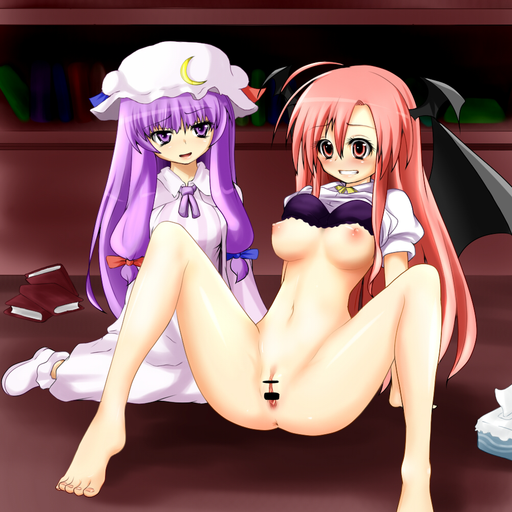 miki purasu, koakuma, patchouli knowledge, embodiment of scarlet devil, touhou, 2girls, anus, barefoot, blush, bra, breasts, censored, dress, female focus, hat, head wings, indoors, long hair, multiple girls, nipples, purple eyes, purple hair, pussy, red eyes, red hair, spread legs, tissue, tissue box, underwear, wings