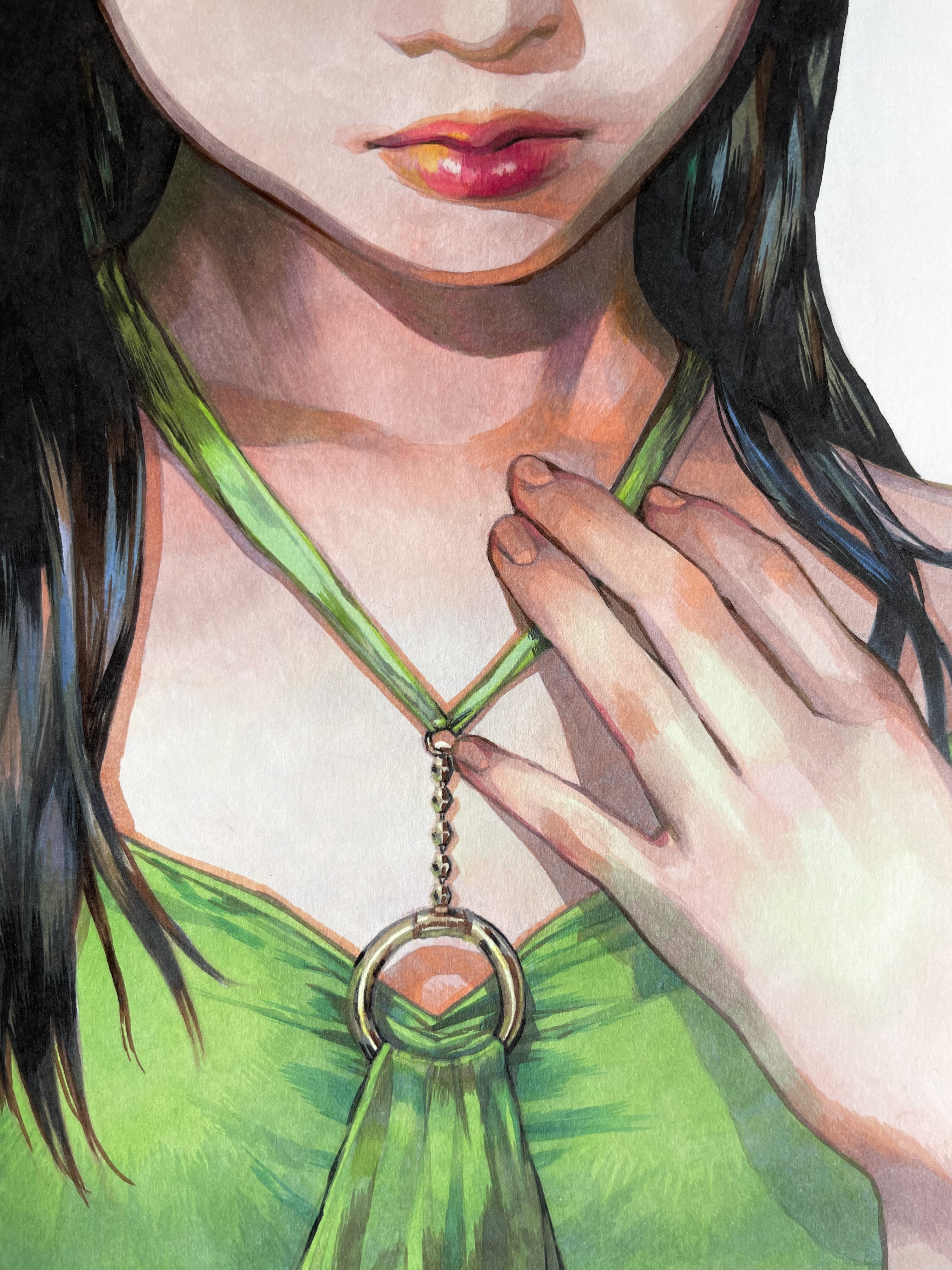 chom1015, original, absurdres, highres, painting (medium), traditional media, 1girl, bare shoulders, black hair, collarbone, eyes out of frame, fingernails, green shirt, halterneck, hand on own chest, head out of frame, long hair, o-ring, o-ring top, pink lips, portrait, shirt, simple background, solo, strapless, strapless shirt, white background