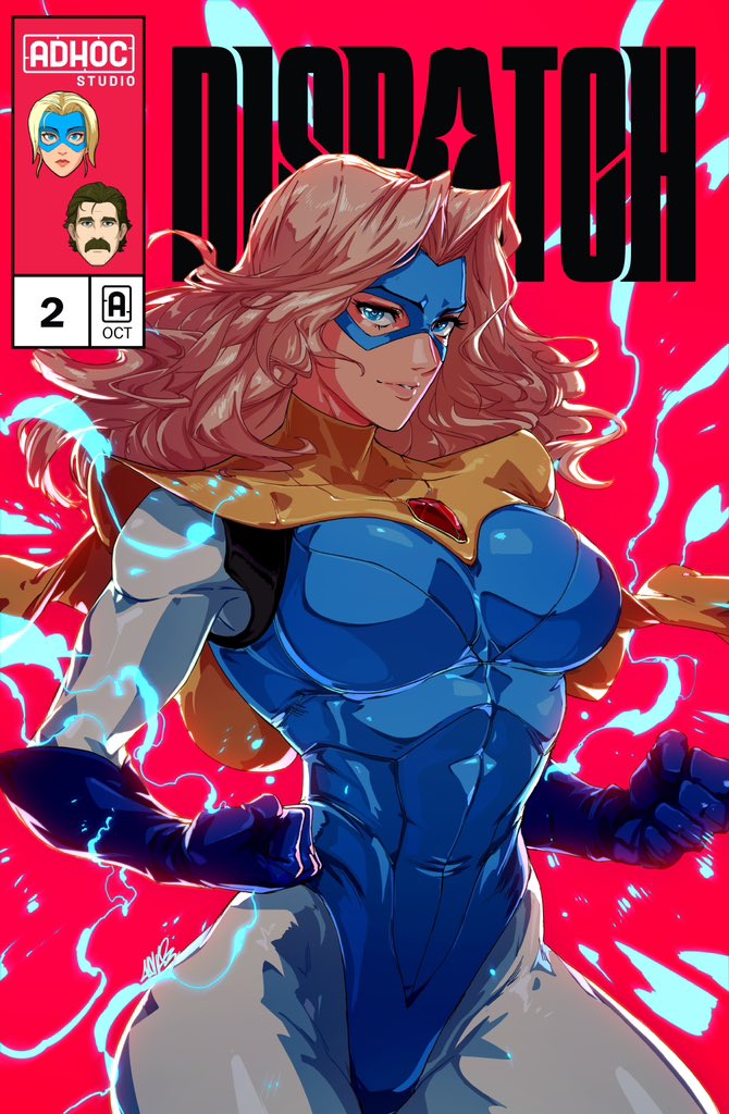 david liu, character request, comic cover, commentary, english commentary, 1boy, 1girl, blonde hair, blue eyes, blue gloves, blue leotard, blue mask, bodysuit, brooch, brown hair, cape, copyright name, dispatch, domino mask, electricity, eye mask, facial hair, gloves, jewelry, leotard, long hair, mask, mustache, short hair, signature, solo focus, superhero costume, white bodysuit, yellow cape