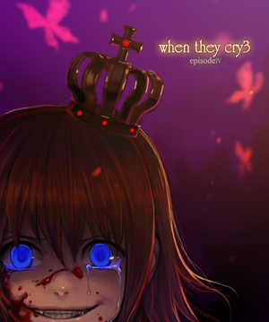 agasang, ushiromiya maria, umineko no naku koro ni, lowres, 00s, 1girl, blood, blue eyes, crazy eyes, creepy, crown, female focus, grin, horror (theme), orange hair, smile, solo, tears