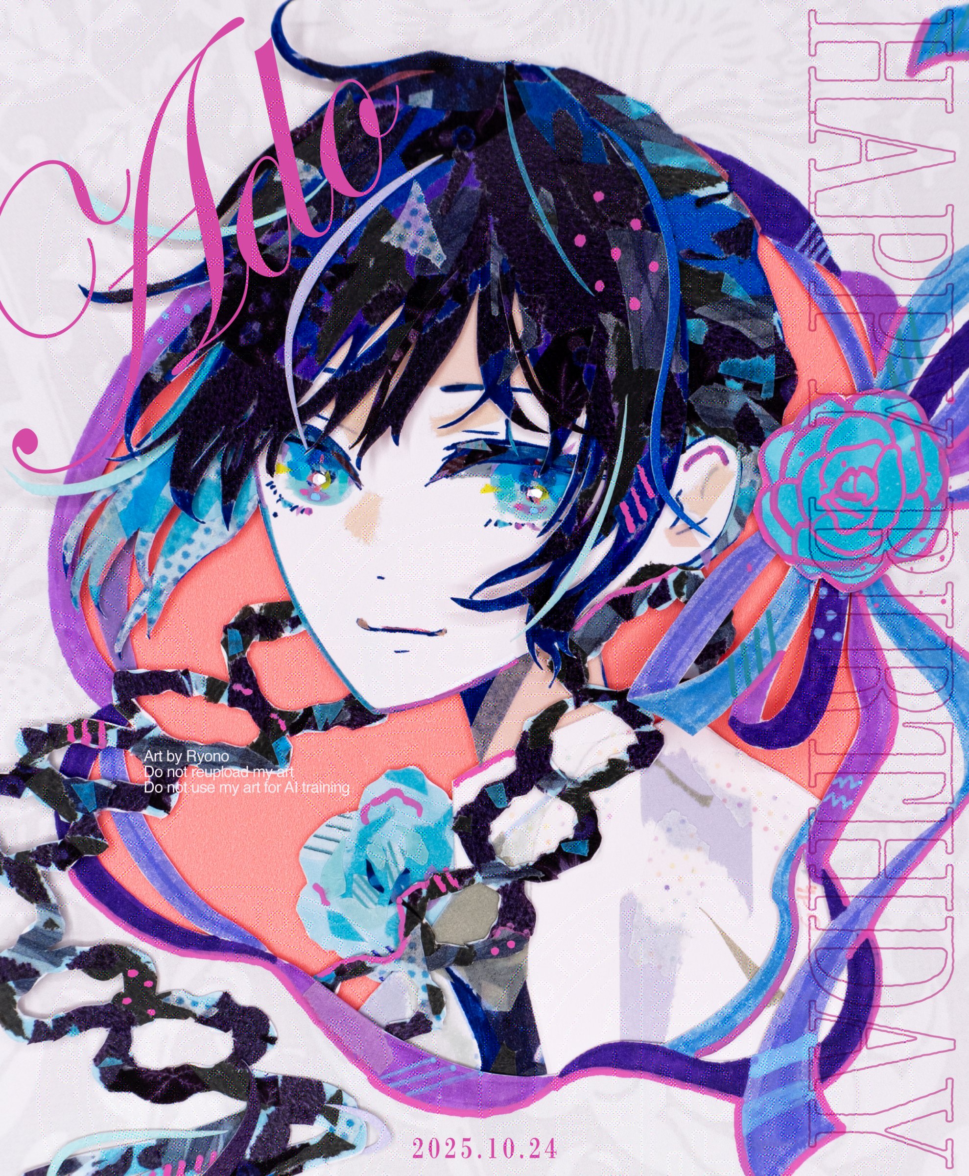 ryono, chando (ado), ado (utaite), absurdres, commentary, highres, 1girl, black hair, blue eyes, blue flower, blue rose, character name, closed mouth, dated, flower, hair rings, looking at viewer, mole, mole under eye, rose, shirt, solo, upper body, white shirt