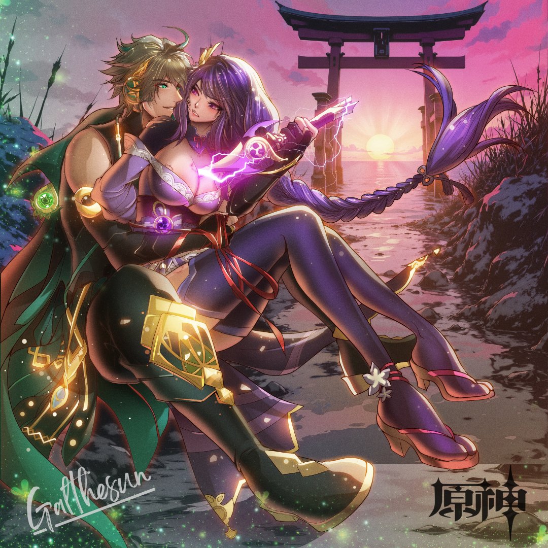 alhaitham (genshin impact), raiden shogun, genshin impact, mixed-language commentary, 1boy, 1girl, abstract background, ahoge, ancient egyptian clothes, anklet, architecture, artist name, bare shoulders, bite mark, bite mark on breast, black tank top, blunt bangs, boots, braid, breasts, bridal gauntlets, capelet, chinese text, cleavage, cloud, cloudy sky, collared capelet, couple, dawn, drawing sword, east asian architecture, electricity, floating, floating hair, flower, friends, from side, full body, galthesun, glowing, green capelet, green eyes, grey hair, hair floating upwards, hair flowing over, hair ornament, hair ribbon, head tilt, headpiece, hetero, hickey, holding, holding sword, holding weapon, hug, hug from behind, huge ahoge, huge breasts, human scabbard, japanese clothes, jewelry, katana, kimono, leaning back, leaning on person, light particles, long braid, long hair, looking at another, looking to the side, mitsudomoe (shape), multicolored hair, muscular, muscular male, musou isshin (genshin impact), neck ribbon, off shoulder, outdoors, pants, parted lips, pink lips, powering up, purple flower, purple kimono, purple ribbon, purple sky, purple thighhighs, red ribbon, red sash, ribbon, sash, shade, shirt, short hair, signature, single braid, sky, sleeveless, sleeveless shirt, streaked hair, sun, sunset, sword, sword between breasts, tank top, teeth, thighhighs, thighs, tomoe (symbol), vision (genshin impact), weapon