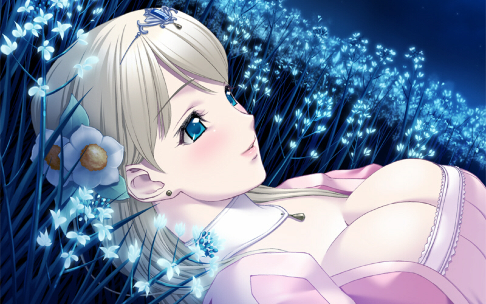 sano toshihide, princess juliette, g.j?, queen bonjourno, game cg, highres, 1girl, blonde hair, blue eyes, blush, breasts, cleavage, female focus, flower, princess, solo