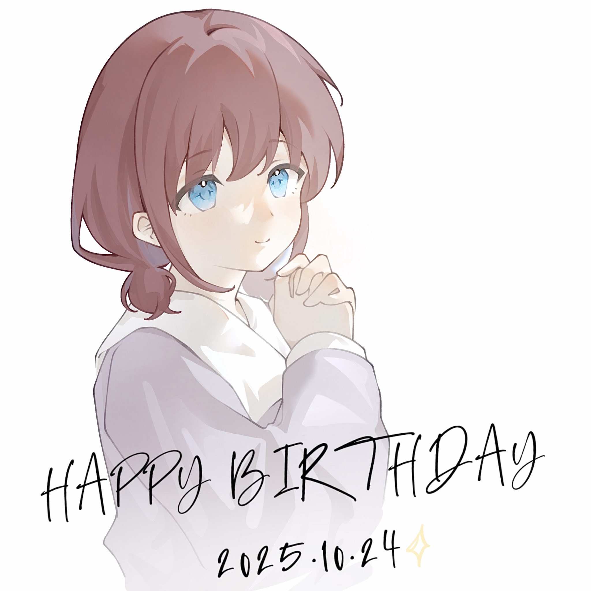 yugawa (omariajord63194), iseri nina, girls band cry, commentary, highres, symbol-only commentary, 1girl, blue eyes, blue shirt, brown hair, closed mouth, dated, happy birthday, long sleeves, low twintails, own hands together, shirt, short hair, short twintails, simple background, solo, twintails, upper body, white background