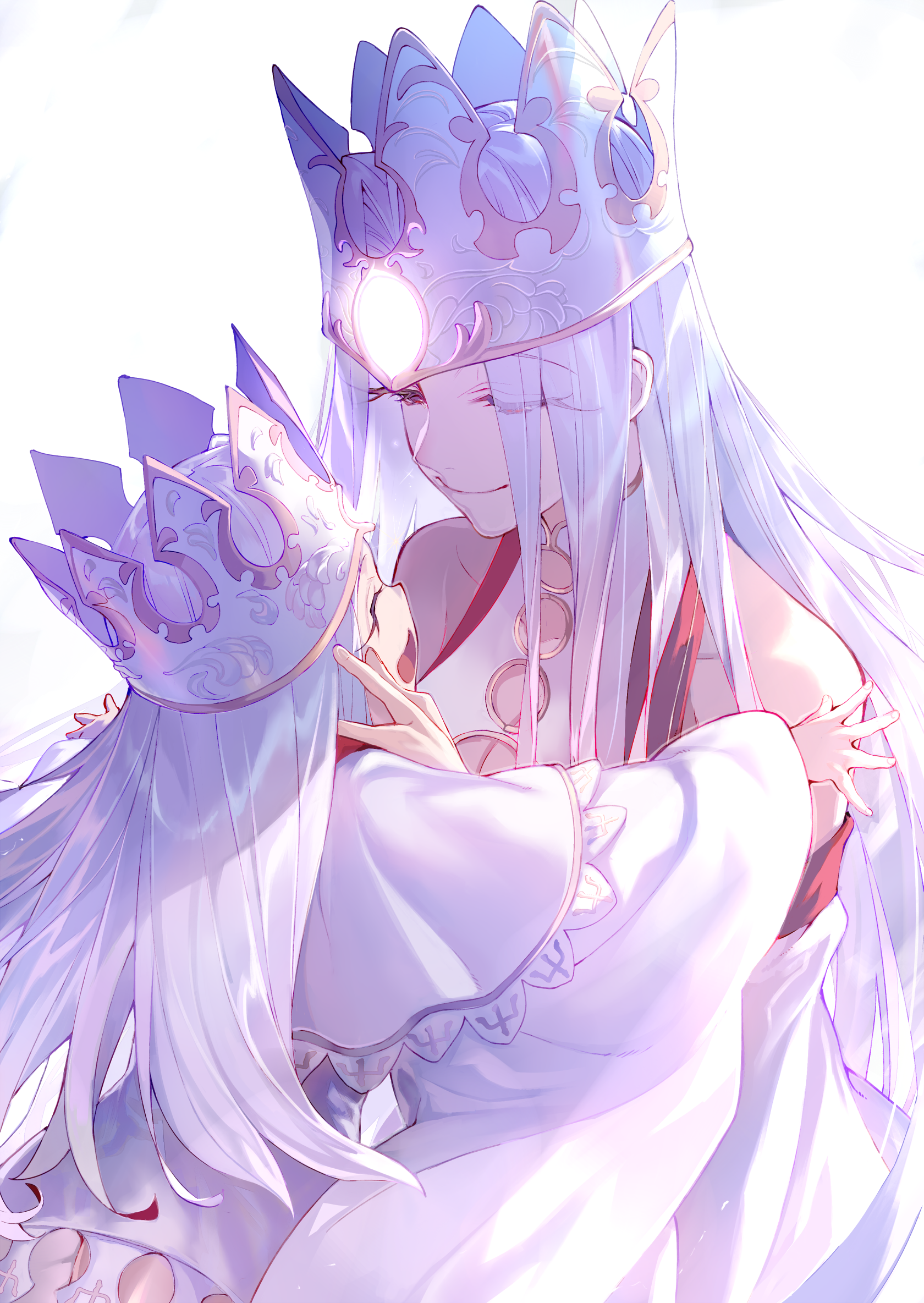 tsukudani (ore624), illyasviel von einzbern, illyasviel von einzbern (dress of heaven), irisviel von einzbern, irisviel von einzbern (caster), fate/grand order, fate/stay night, fate (series), heaven's feel, highres, 2girls, bare shoulders, breasts, cleavage, closed eyes, crown, dress, dress of heaven, eyelashes, grey hair, large breasts, long hair, mother and daughter, multiple girls, simple background, upper body, white background, white dress, white hair