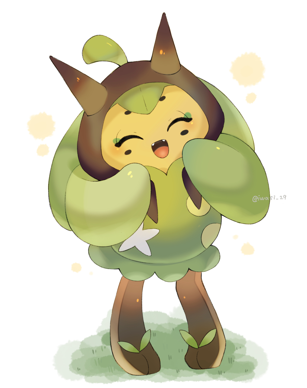 iwasi 29, ogerpon, ogerpon (teal mask), nintendo, pokemon, commentary request, highres, artist name, blush, closed eyes, fangs, on grass, open mouth, pokemon (creature), standing, twitter username, white background