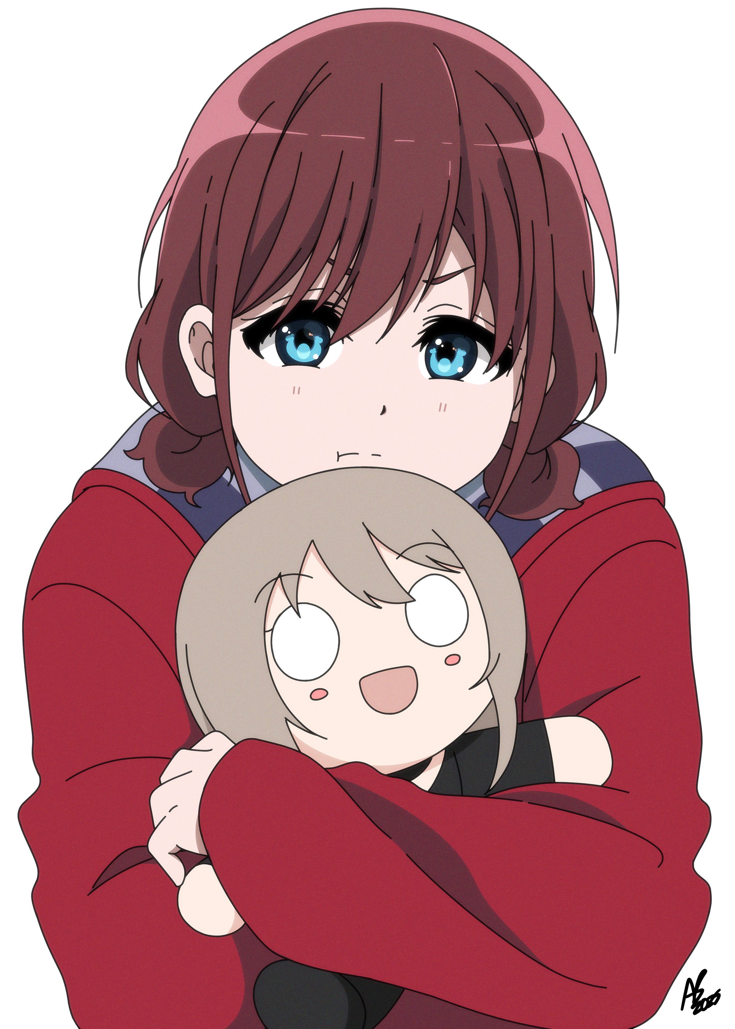 animebrit, iseri nina, kawaragi momoka, girls band cry, absurdres, commentary, hashtag-only commentary, highres, 1girl, brown hair, character doll, closed mouth, doll, hugging object, jacket, long sleeves, low twintails, red jacket, short hair, short twintails, simple background, solo, twintails, upper body, white background