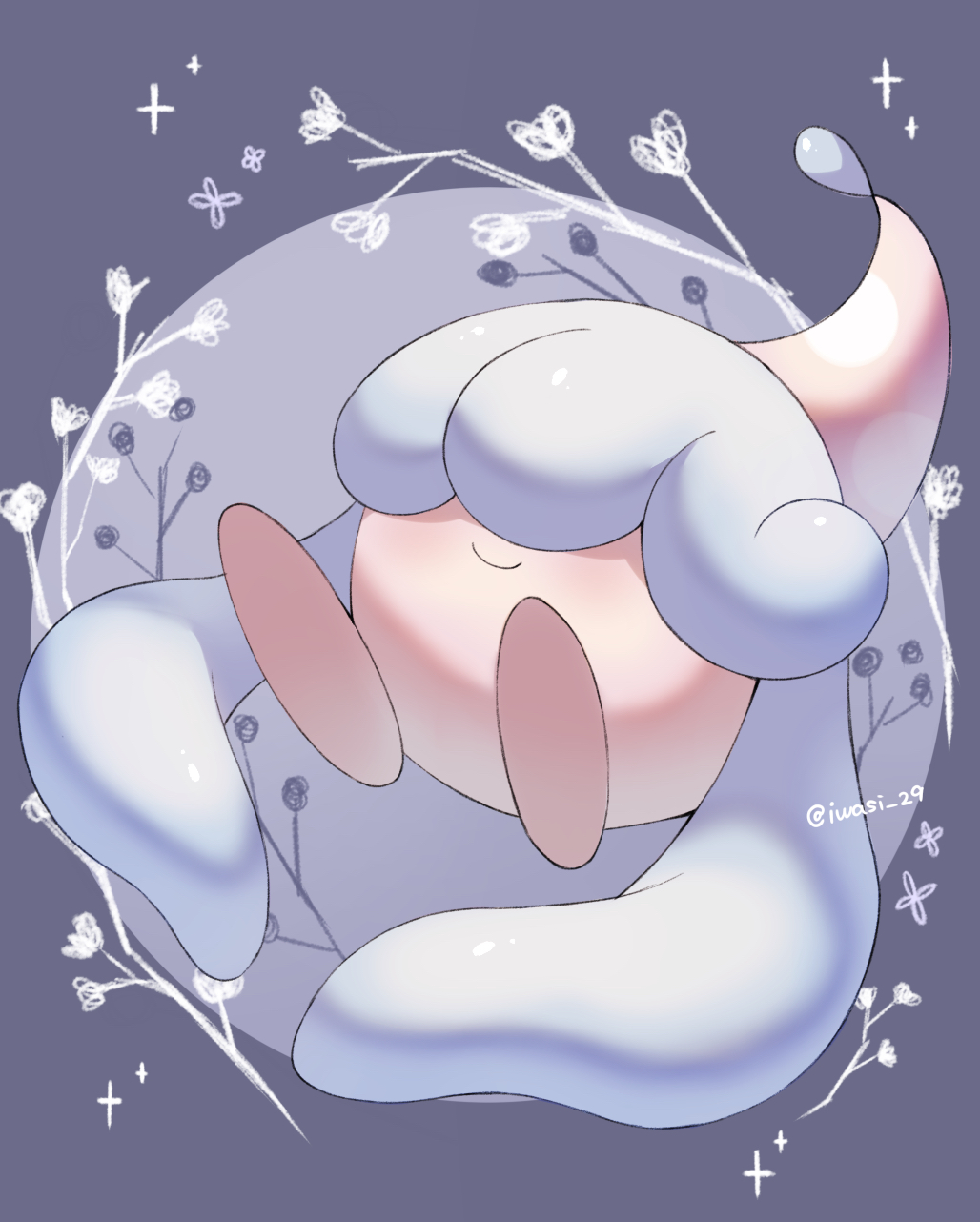 iwasi 29, hatenna, nintendo, pokemon, commentary request, highres, artist name, blue hair, closed mouth, floral background, gen 8 pokemon, grey background, no humans, pokemon (creature), smile, sparkle, twitter username