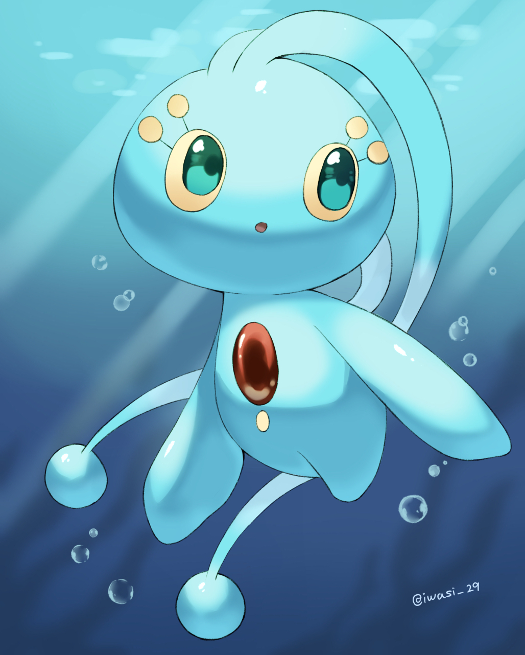 iwasi 29, manaphy, nintendo, pokemon, commentary request, highres, :o, antennae, artist name, bubble, chest jewel, gen 4 pokemon, green eyes, legendary pokemon, mythical pokemon, no humans, open mouth, pokemon (creature), sunlight, twitter username, underwater, water