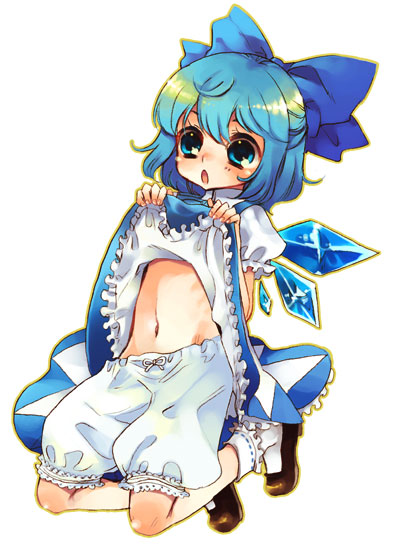 mitsubachi koucha, cirno, touhou, bad id, bad pixiv id, 1girl, bloomers, blue eyes, blue hair, bow, child, clothes lift, female focus, hair bow, ice, midriff, navel, short hair, simple background, skirt, skirt lift, solo, underwear, white background, wings