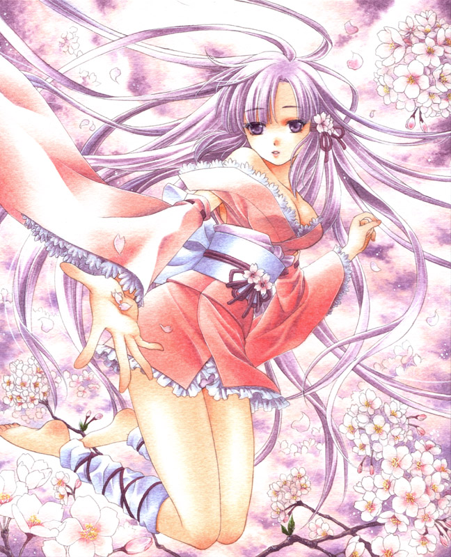 trimcolor, original, bad id, bad pixiv id, 1girl, barefoot, breasts, cherry blossoms, cleavage, detached sleeves, female focus, flower, hair ornament, japanese clothes, kimono, leg warmers, long hair, medium breasts, petals, pink kimono, purple eyes, purple hair, short kimono, solo, very long hair, yukata