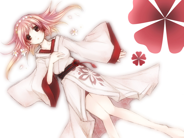 kuratsuka riko, original, 1girl, barefoot, brown eyes, female focus, flower, hairband, japanese clothes, kimono, lying, on back, pink hair, red eyes, sketch, solo, yukata
