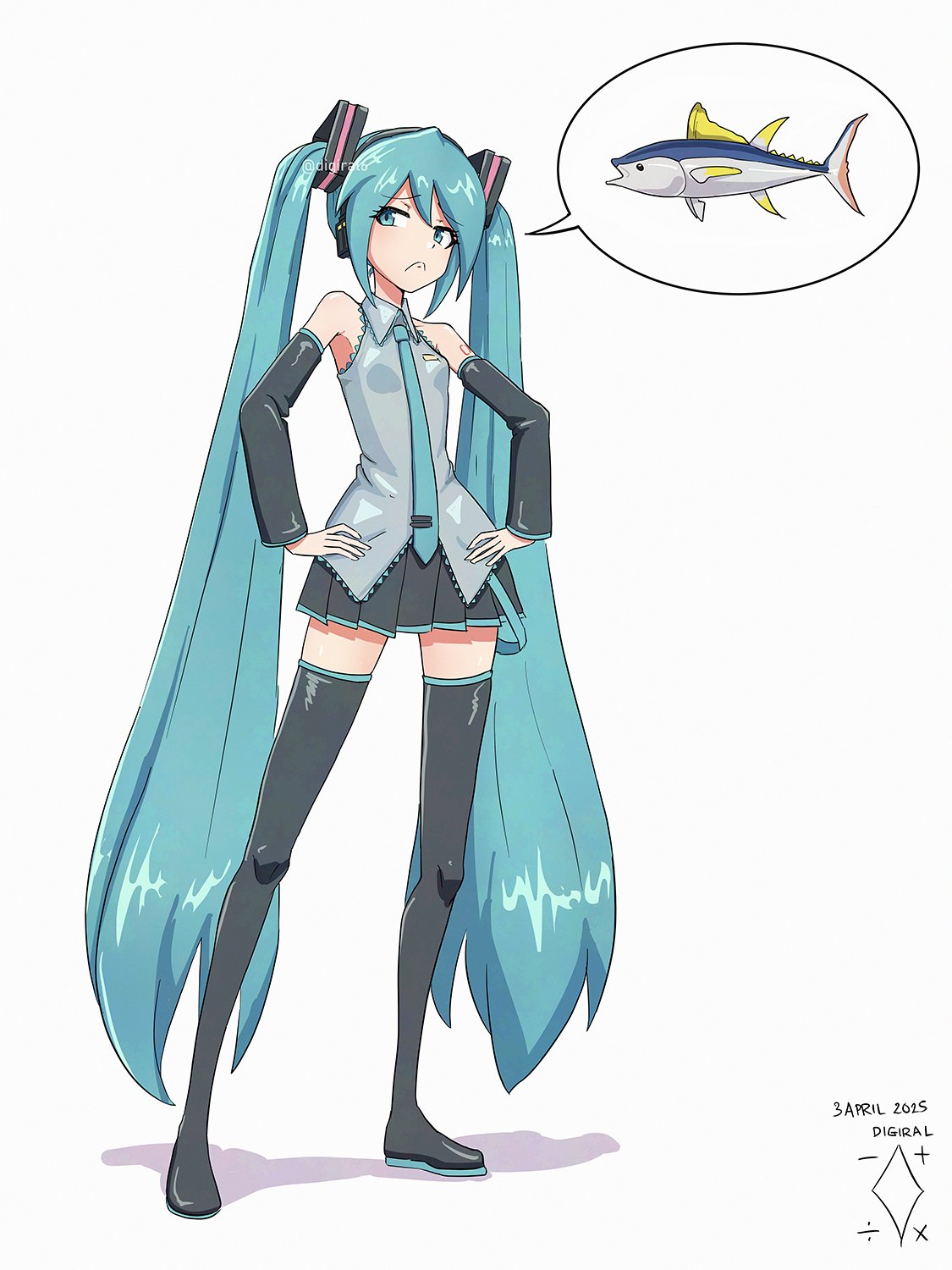 digiral, hatsune miku, vocaloid, highres, 1girl, aqua eyes, aqua hair, aqua necktie, black skirt, black sleeves, detached sleeves, grey shirt, headphones, headset, long hair, necktie, pleated skirt, shirt, skirt, sleeveless, sleeveless shirt, twintails, very long hair