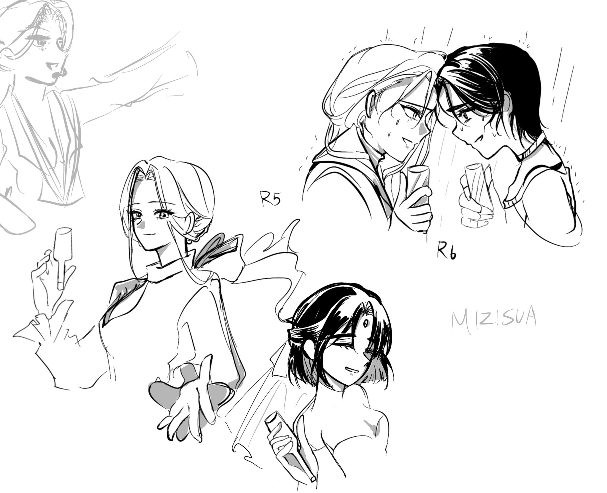 mijiang 47, ivan (alien stage), luka (alien stage), mizi (alien stage), sua (alien stage), till (alien stage), alien stage, commentary, english commentary, highres, 2girls, back bow, bow, choker, clothing cutout, cosplay, dress, forehead-to-forehead, forehead jewel, greyscale, half updo, heads together, holding, holding microphone, ivan (alien stage) (cosplay), long sleeves, luka (alien stage) (cosplay), microphone, mizi (alien stage) (cosplay), monochrome, multiple girls, outstretched hand, rain, ship name, shirt, short hair, smile, till (alien stage) (cosplay), turtleneck, turtleneck dress, veil