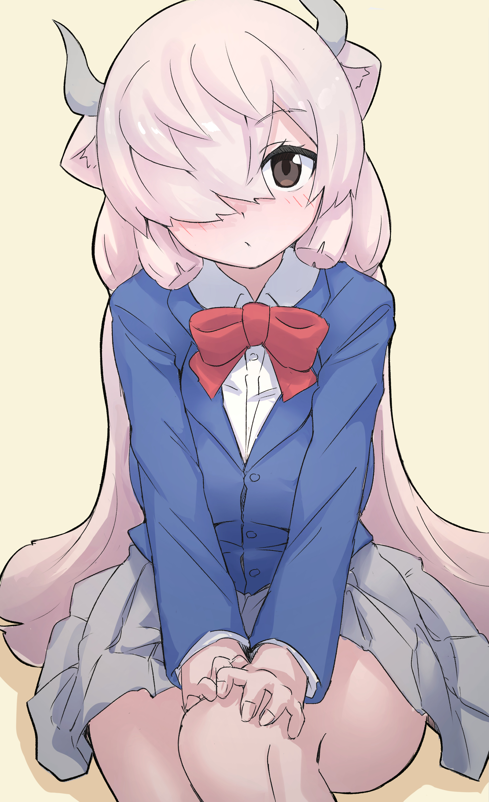 lowlandgorilla, yak (kemono friends), kemono friends, kemono friends 3, absurdres, highres, 1girl, blue jacket, blush, bow, bowtie, brown eyes, collared shirt, cow girl, cow horns, grey skirt, hair over one eye, horns, jacket, long hair, long sleeves, looking at viewer, official alternate costume, pleated skirt, red bow, red bowtie, school uniform, shirt, sidelocks, sitting, skirt, solo, white hair, white shirt