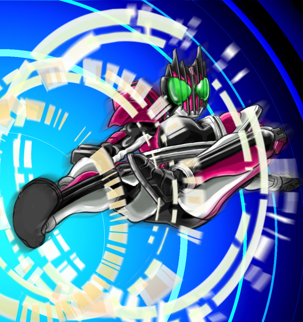 jolt (artist), kamen rider decade, kamen rider, kamen rider dcd, bad id, bad pixiv id, 1boy, armor, bodysuit, full body, goggles, kicking, looking at viewer, magic circle, male focus, solo