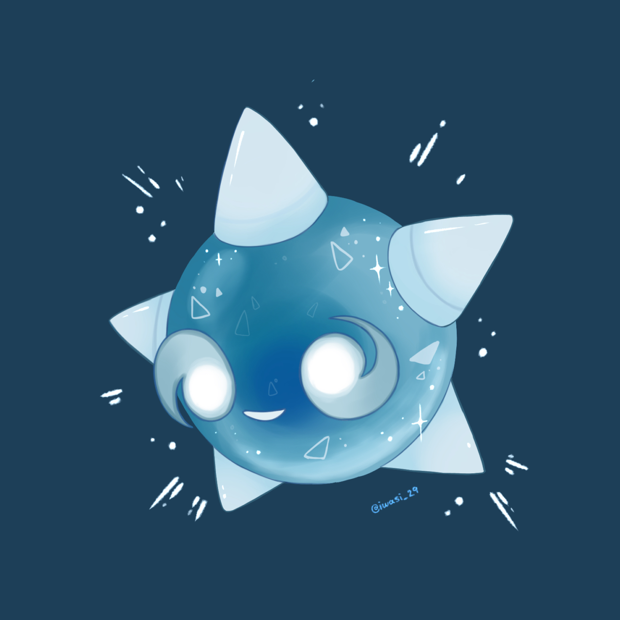 iwasi 29, minior, minior (blue core), minior (core), nintendo, pokemon, commentary request, highres, artist name, blue background, emphasis lines, gen 7 pokemon, no humans, open mouth, pokemon (creature), simple background, sparkle, star (symbol), twitter username