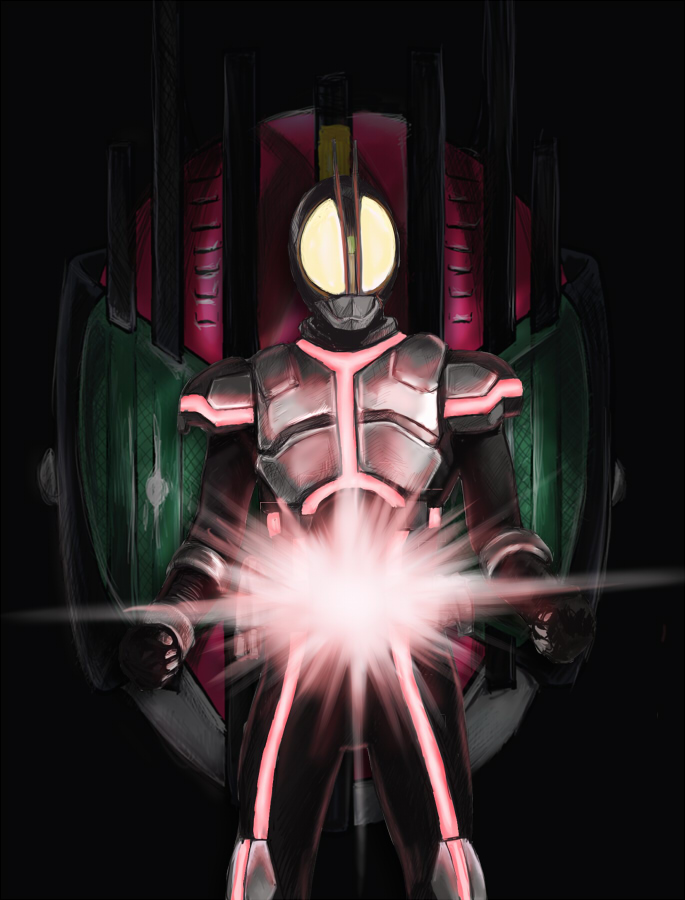 mougira, kamen rider decade, kamen rider faiz, kamen rider, kamen rider 555, kamen rider dcd, bad id, bad pixiv id, 2boys, glowing, multiple boys, neon trim