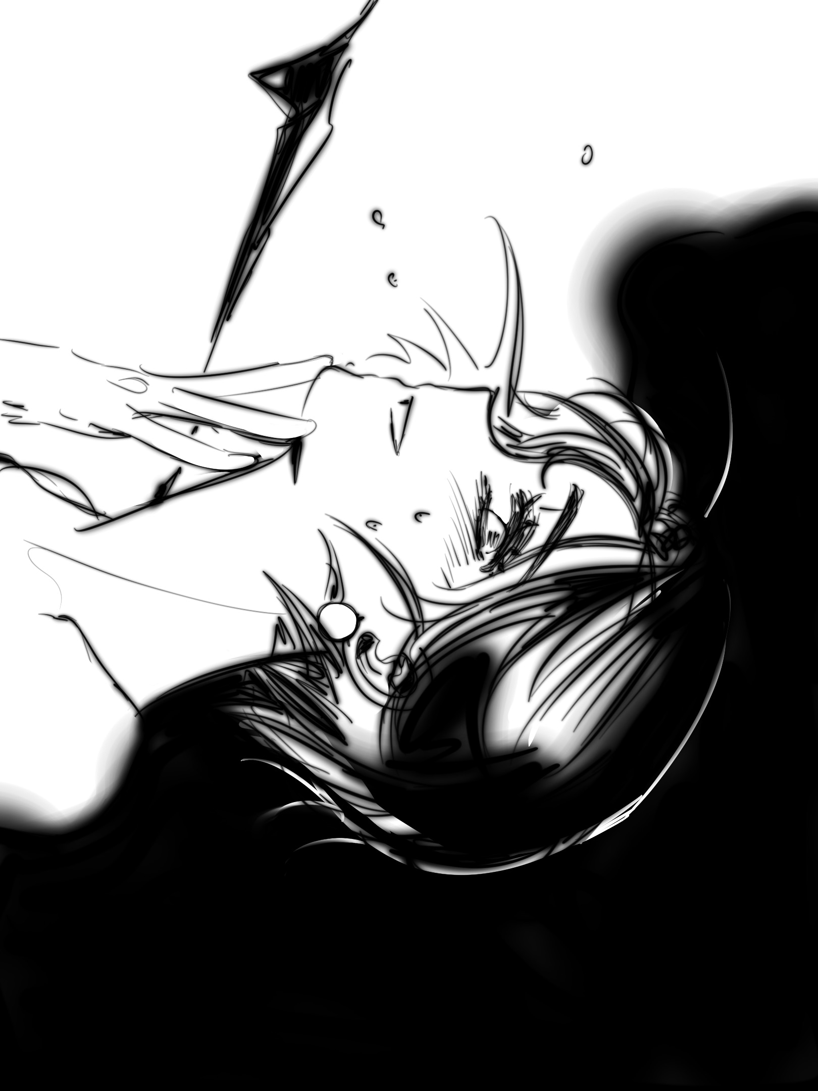 mijiang 47, sua (alien stage), alien stage, chinese commentary, commentary, highres, 1girl, earrings, greyscale, hand on own chin, head back, jewelry, monochrome, short hair, sideways, solo