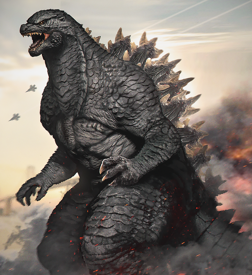 keen fai, godzilla, godzilla (series), tokusatsu, giant, giant monster, jaw, kaiju, monster, no humans, open mouth, sharp teeth, spines, tail, teeth