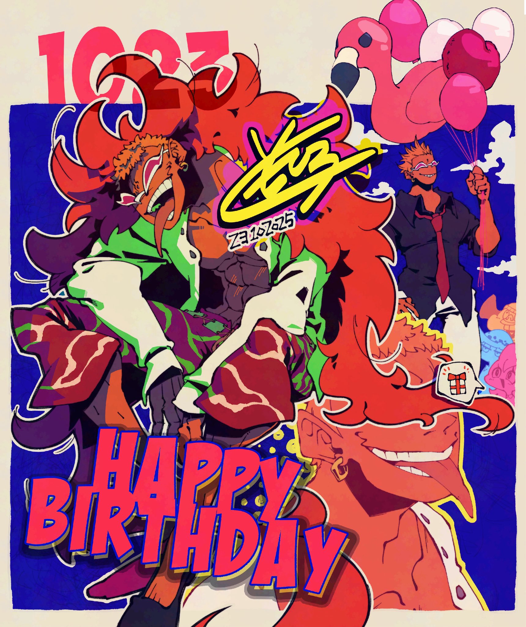 ebidenai, baby 5, buffalo (one piece), donquixote doflamingo, trafalgar law, one piece, highres, 1boy, 1girl, 3boys, balloon, bird, black shirt, blonde hair, capri pants, earrings, english text, flamingo, happy birthday, holding, holding balloon, jewelry, male focus, multiple boys, muscular, muscular male, necktie, open clothes, open shirt, pants, red necktie, shirt, short hair, sitting, smile, tongue, tongue out, variations, white shirt