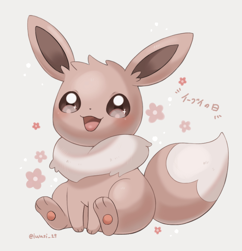 iwasi 29, eevee, nintendo, pokemon, commentary request, translated, animal focus, artist name, brown eyes, brown fur, dot nose, floral background, flower, gen 1 pokemon, mane, no humans, open mouth, pawpads, pokemon (creature), red flower, sitting, smile, star (symbol), star in eye, symbol in eye, tail, twitter username, white background