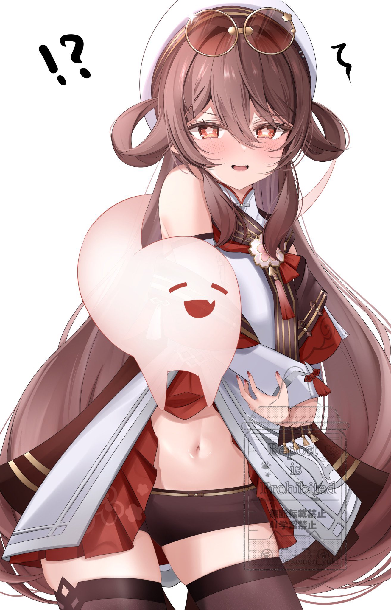 komor yuki, boo tao (genshin impact), hu tao (cherries snow-laden) (genshin impact), hu tao (genshin impact), genshin impact, commentary request, highres, revision, !?, 1girl, blush, breasts, brown hair, brown shorts, brown thighhighs, chinese clothes, eyewear on head, flower-shaped pupils, hair between eyes, hat, long hair, long sleeves, looking at viewer, medium breasts, midriff, navel, official alternate costume, open mouth, red-tinted eyewear, red eyes, round eyewear, shorts, smile, solo, stomach, symbol-shaped pupils, thighhighs, tinted eyewear, white background, white hat