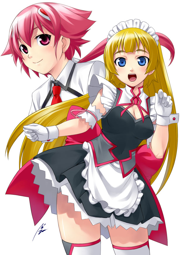 mizuki gyokuran, shishidou akiha, shishidou imoko, sora wo kakeru shoujo, 00s, blonde hair, blue eyes, dress, gloves, maid, necktie, pink eyes, pink hair, thighhighs
