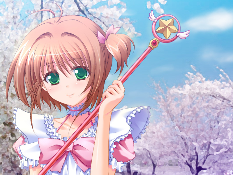 sakurano toriko, kinomoto sakura, cardcaptor sakura, 1990s (style), 1girl, brown hair, cherry blossoms, child, cloud, female focus, frills, green eyes, hoshi no tsue, looking at viewer, retro artstyle, short hair, short twintails, sky, smile, solo, staff, tree, twintails