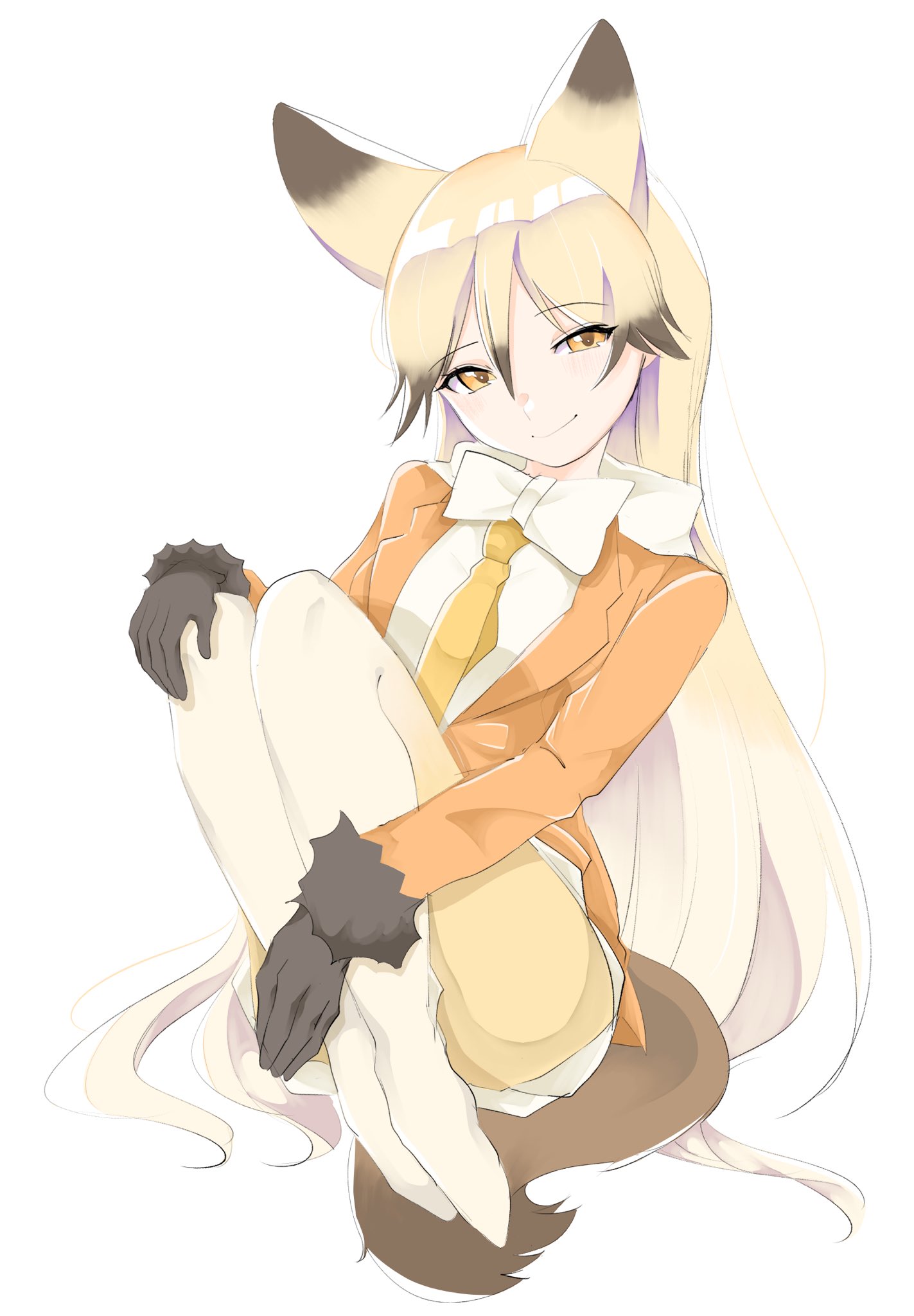 kamisamanosaba, ezo red fox (kemono friends), kemono friends, highres, 1girl, animal ears, blush, bow, bowtie, brown fur, brown gloves, brown hair, extra ears, fox ears, fox girl, fox tail, fur trim, gloves, gradient hair, gradient pantyhose, hair between eyes, jacket, knees to chest, long hair, long sleeves, looking at viewer, multicolored hair, necktie, no shoes, open clothes, open jacket, orange eyes, orange hair, orange jacket, orange necktie, orange pantyhose, pantyhose, pleated skirt, shirt, sidelocks, skirt, smile, solo, tail, white bow, white bowtie, white hair, white pantyhose, white shirt, white skirt