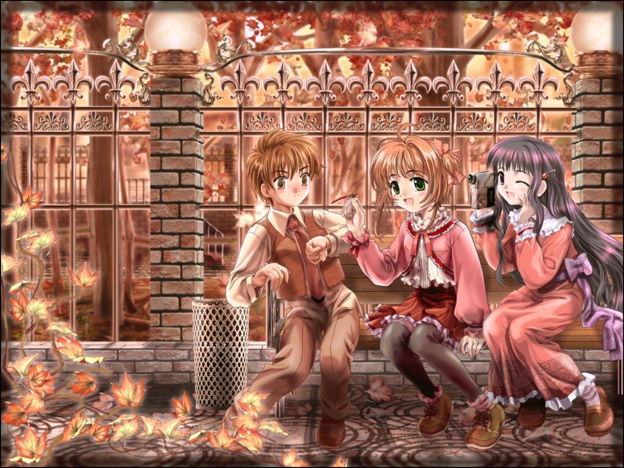 mutsuki (moonknives), daidouji tomoyo, kinomoto sakura, li syaoran, cardcaptor sakura, kodansha, 1990s (style), 1boy, 2girls, autumn, brown eyes, brown hair, bug, camcorder, child, dragonfly, green eyes, insect, leaf, multiple girls, recording, retro artstyle, short twintails, thighhighs, twintails, video camera